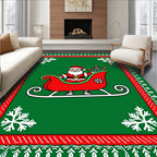 Festive Santa Claus Sleigh Red Green Snowflakes Rug