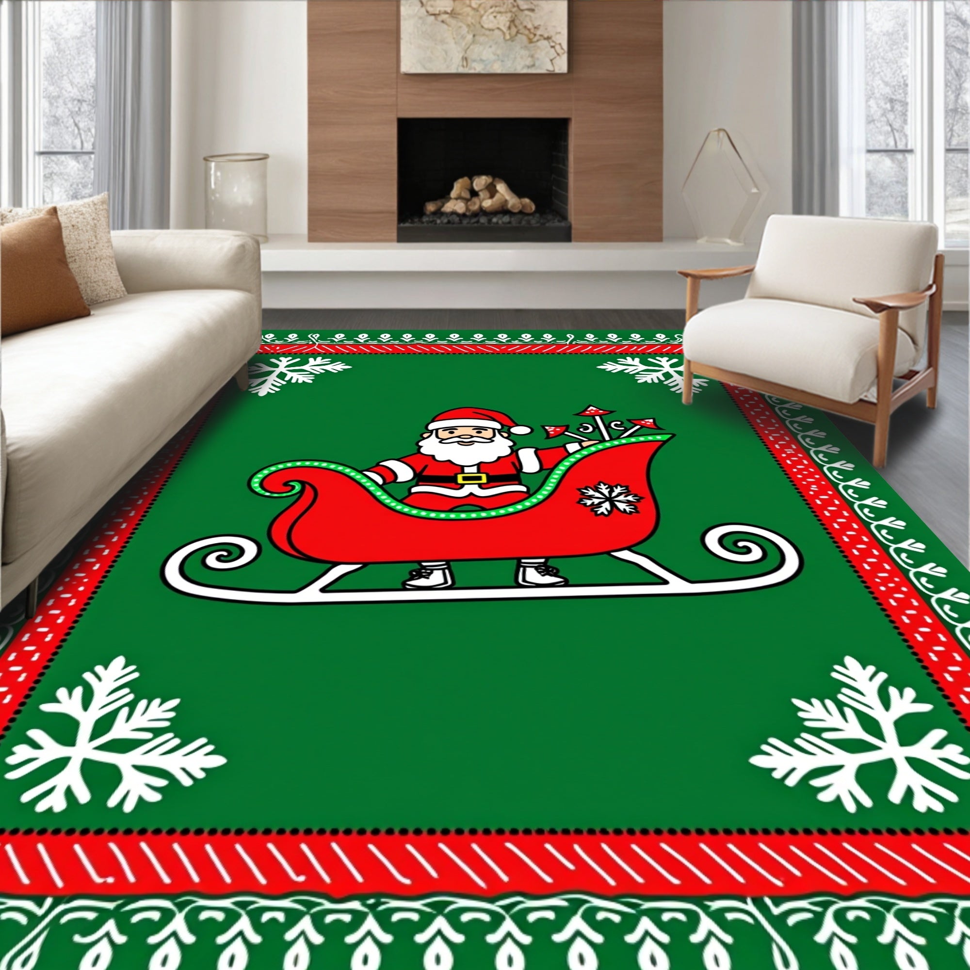 Festive Santa Claus Sleigh Red Green Snowflakes Rug