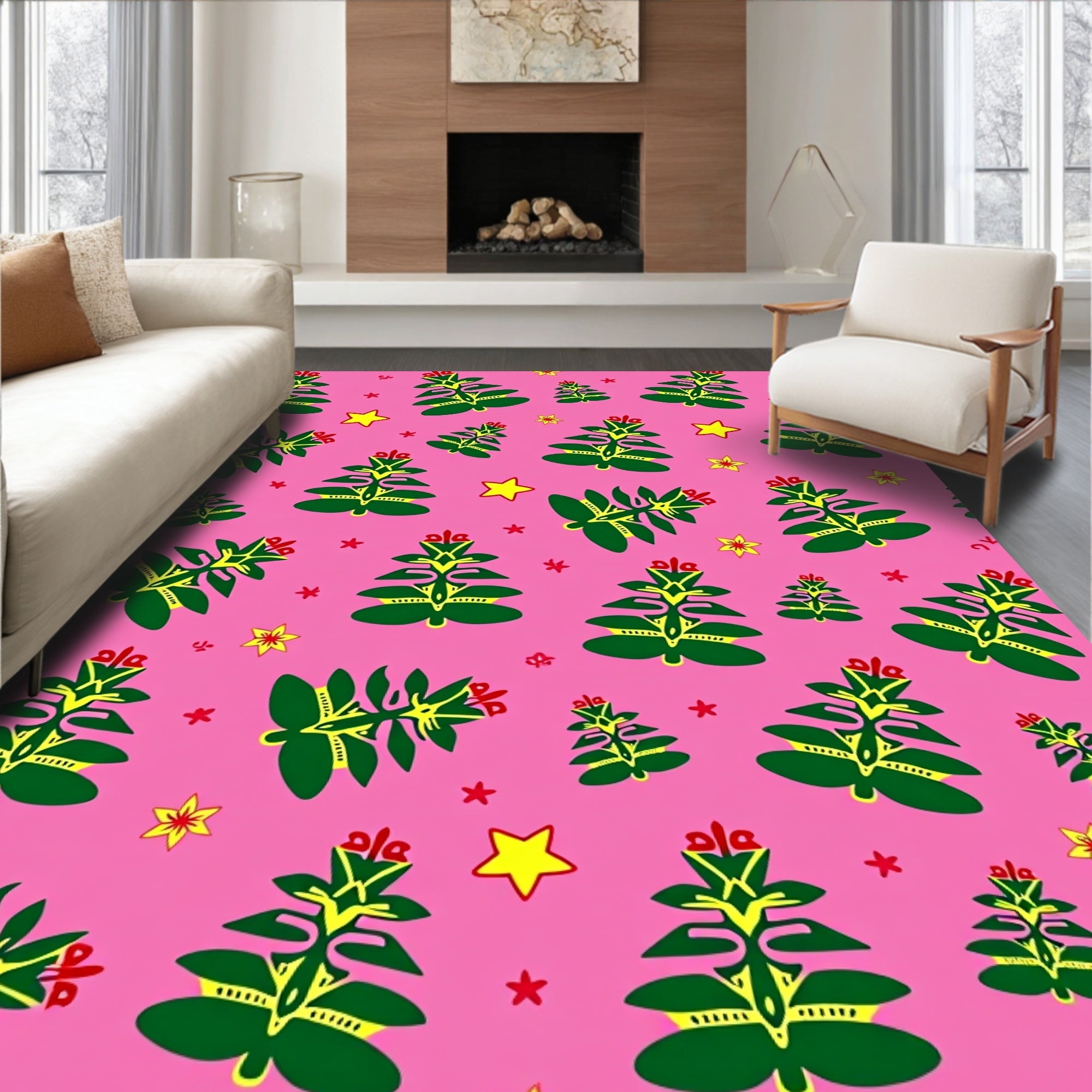 Pink Green Christmas Tree Star Rug