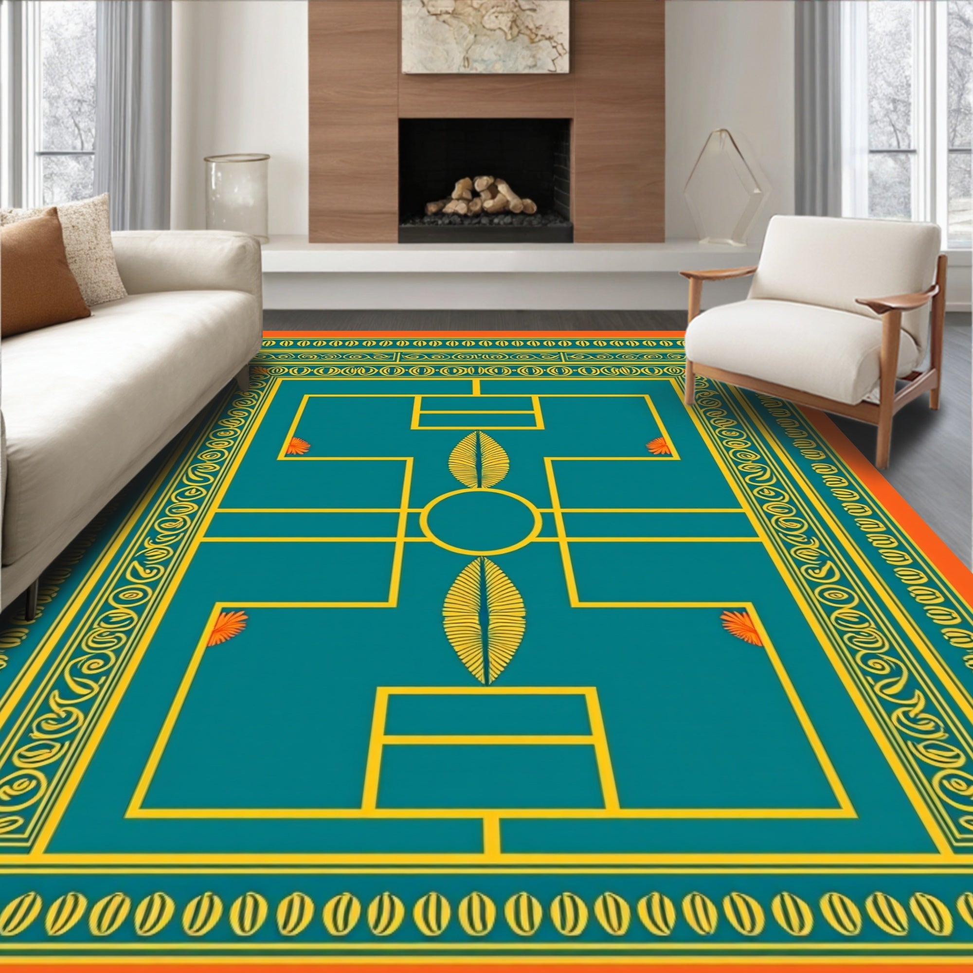 Orange Teal Yellow Geometric Medallion Rug