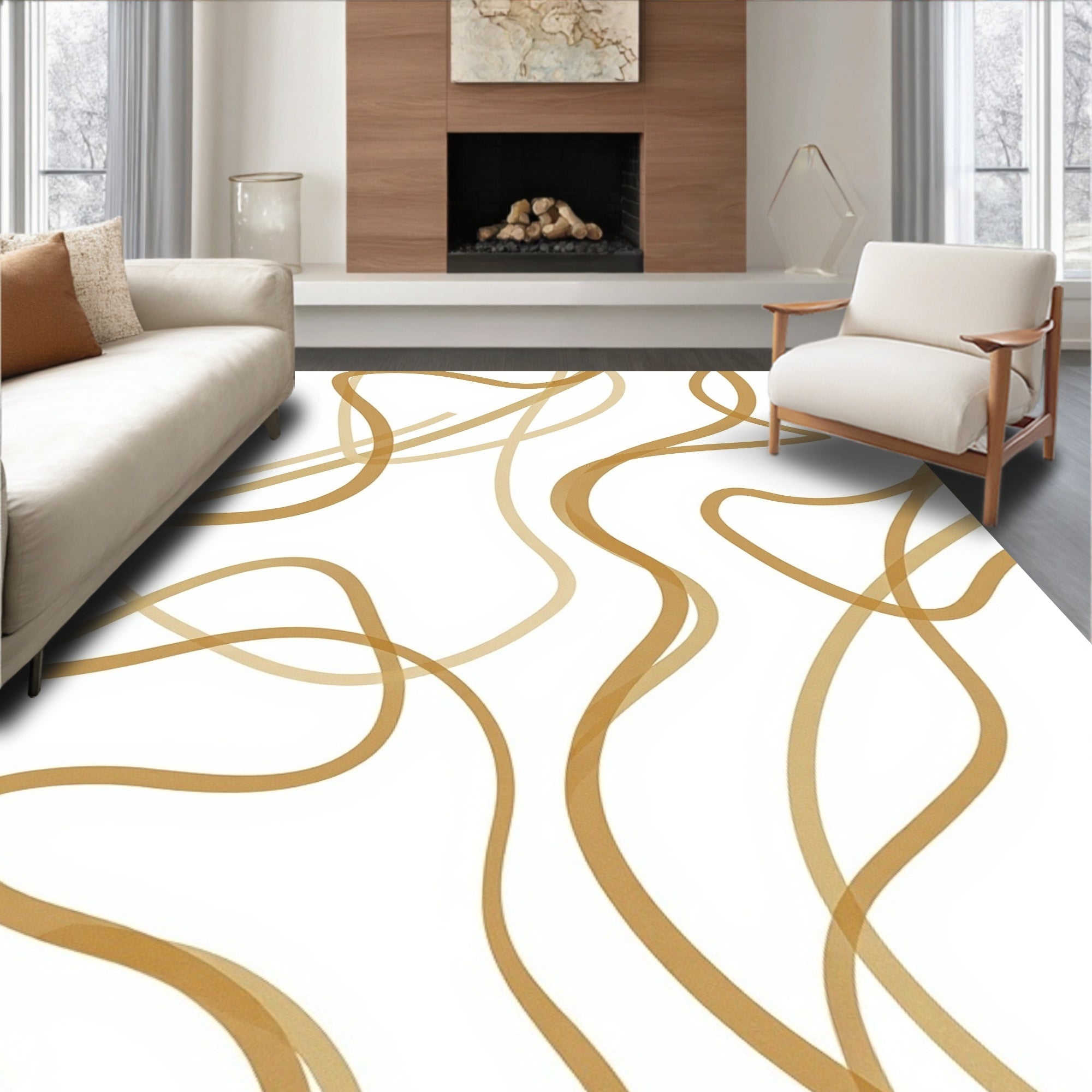 Golden Abstract Flowing Lines Rug