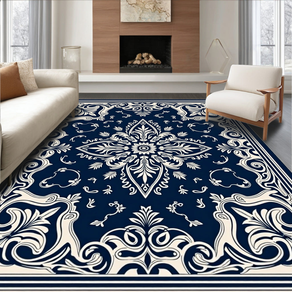 Classic Navy Floral Medallion Mandala Rug