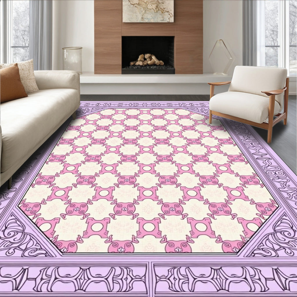 Pastel Pink Checkerboard Floral Border Rug