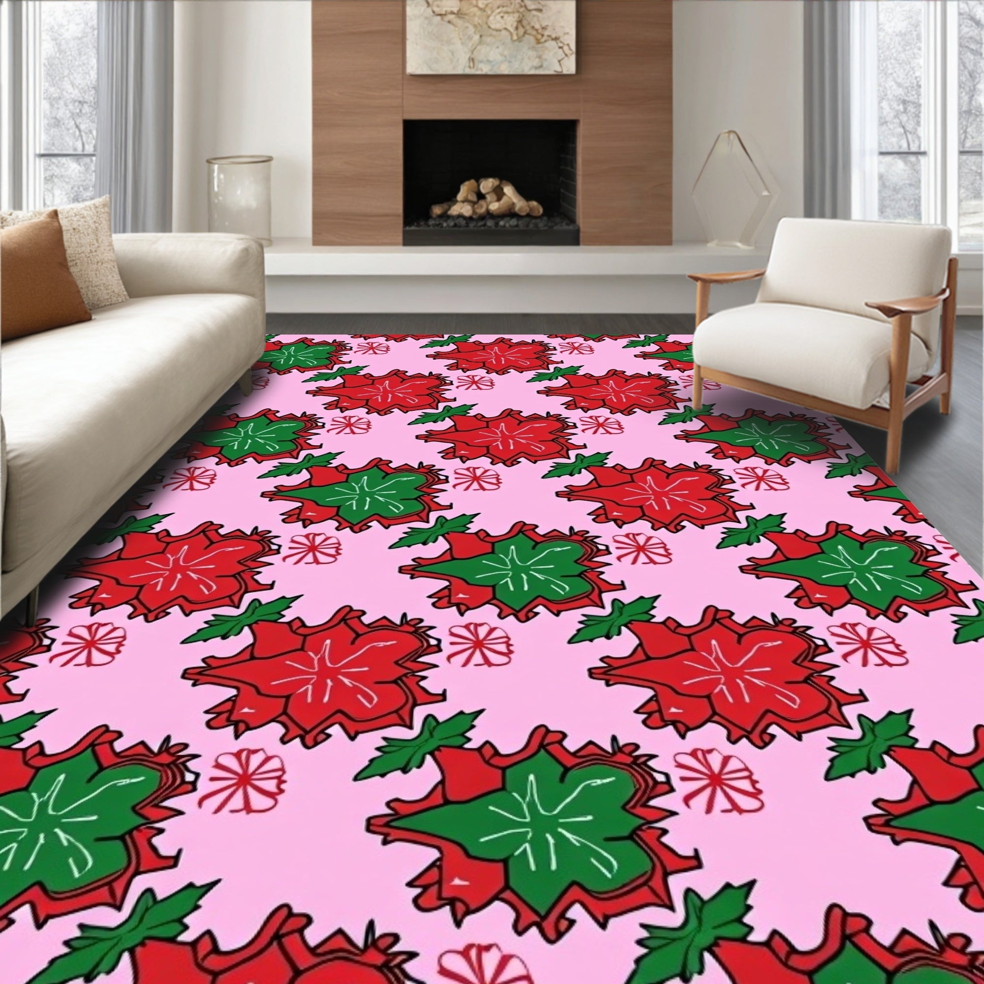 Vibrant Red Green Floral Burst Rug