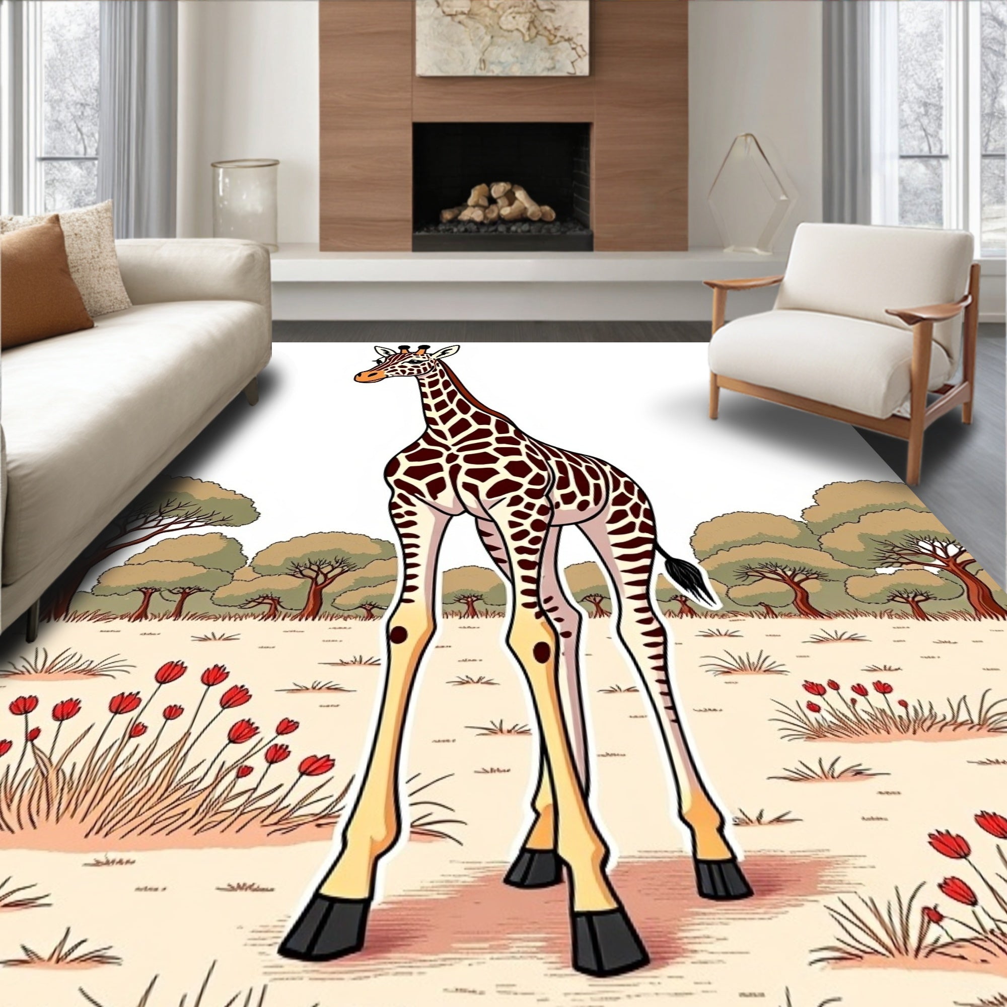 Safari Giraffe with Red Flowers Rug