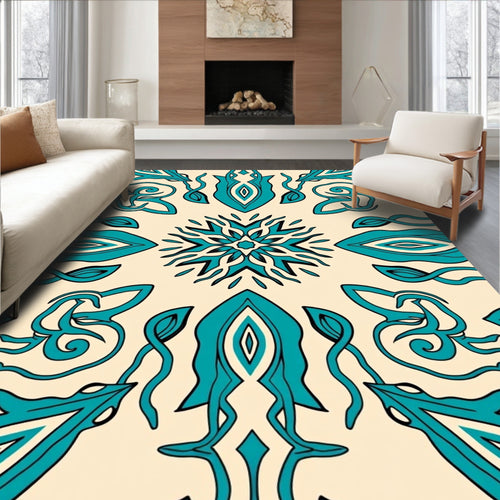 Aqua And Cream Abstract Scroll Rug