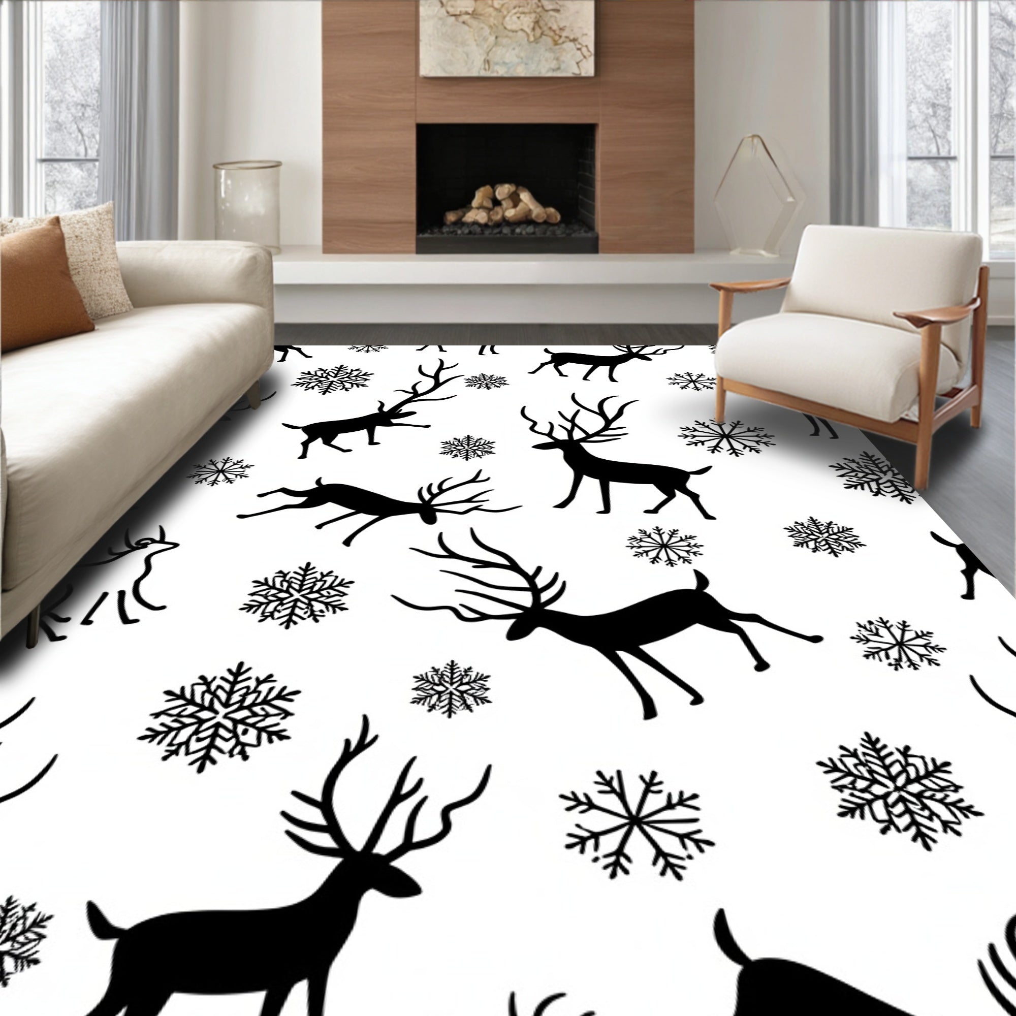 Black Reindeer Snowflakes Winter Art Rug