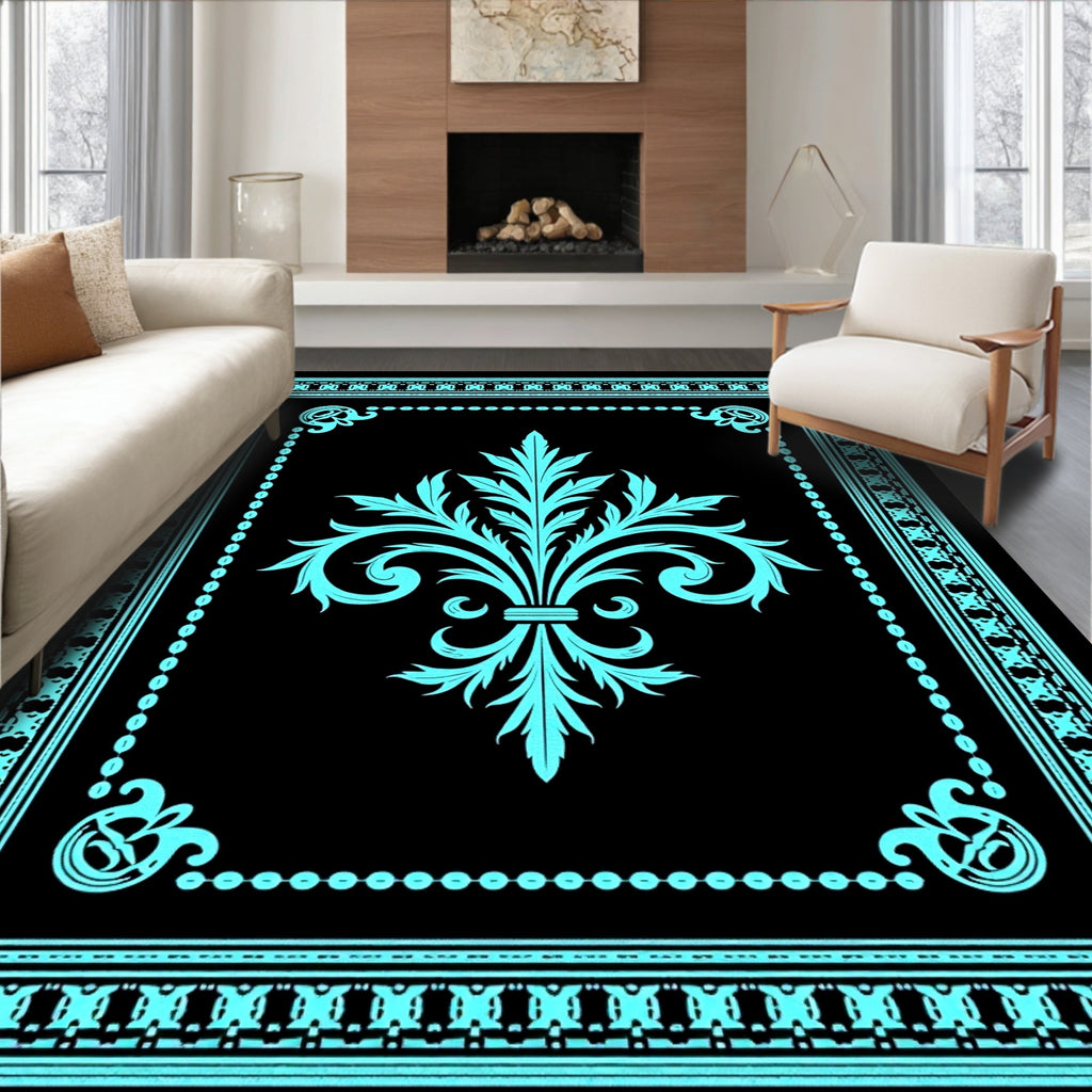 Turquoise Classic Fleur-de-Lis Border Rug