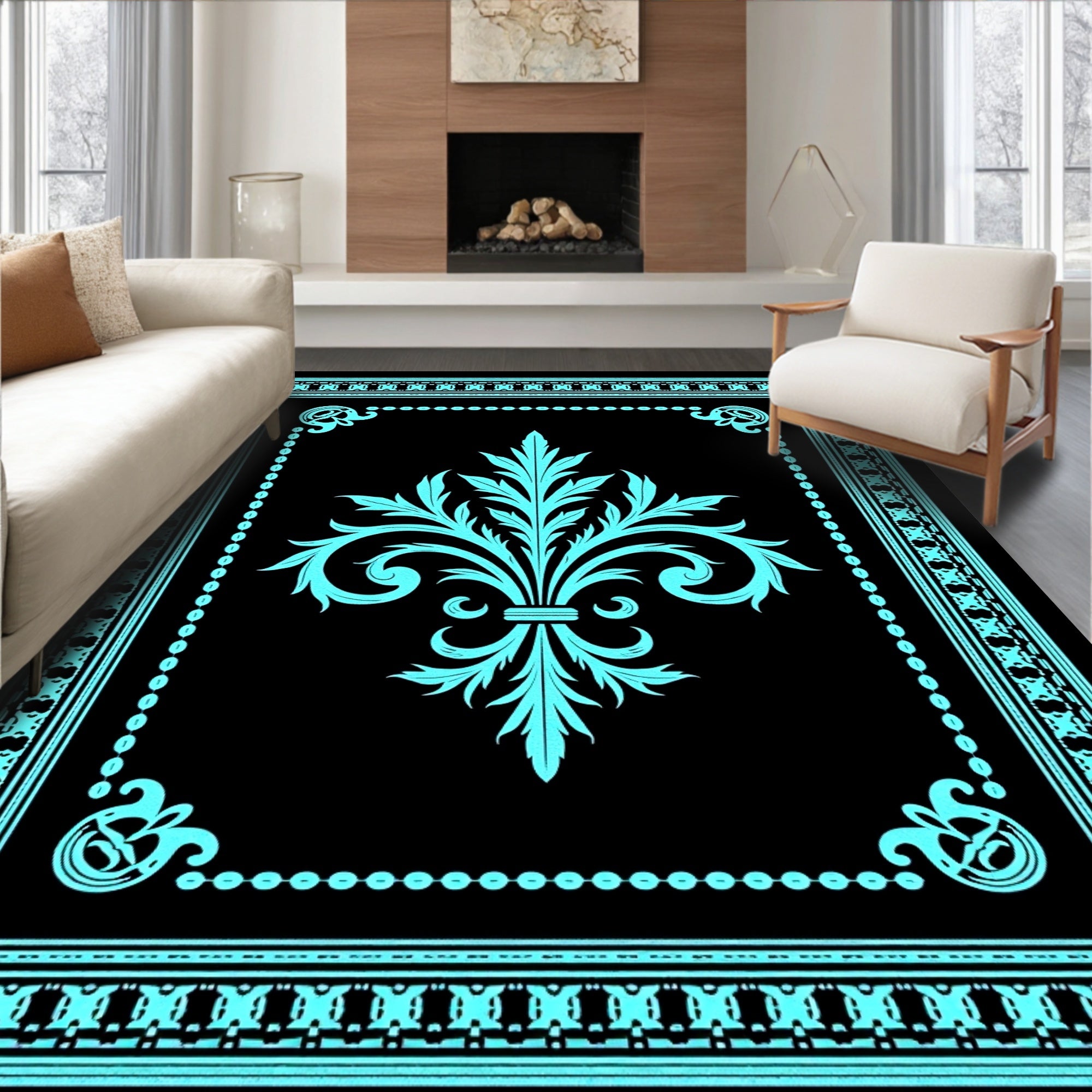 Turquoise Classic Fleur-de-Lis Border Rug