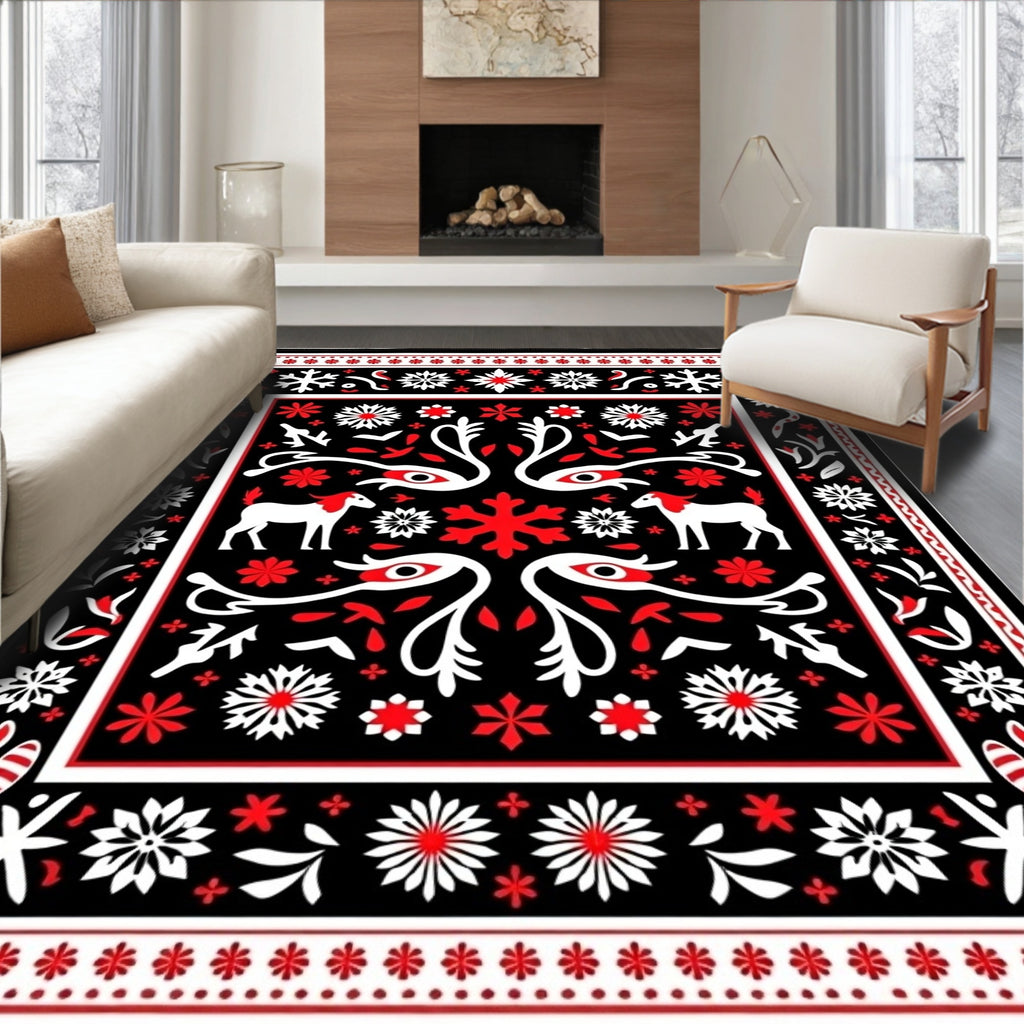 Bold Black Red White Folk Animals Rug