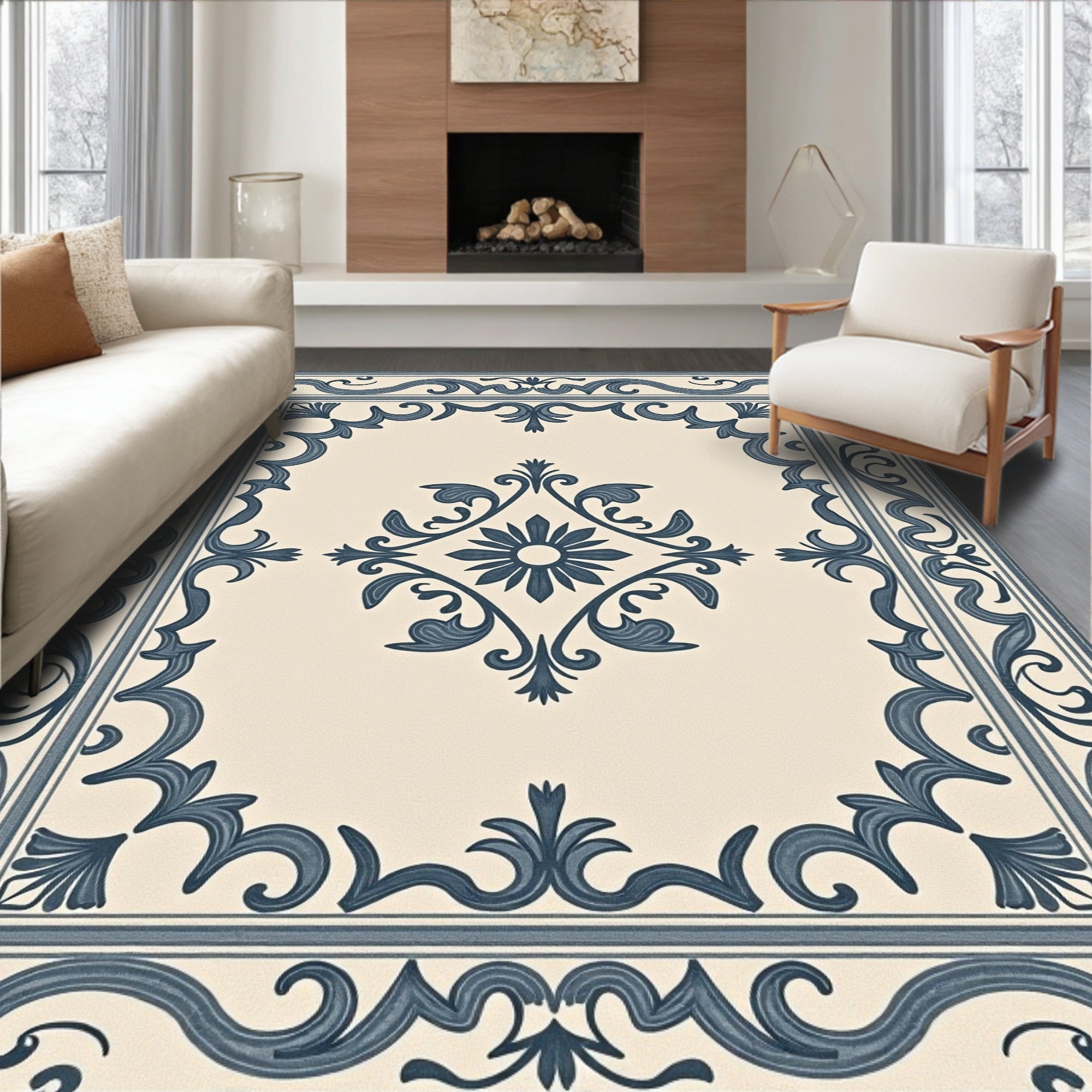 Cream Navy Scroll Medallion Rug