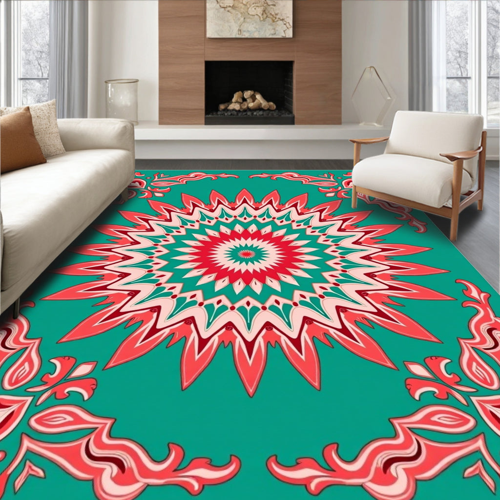 Coral Teal Sunburst Mandala Rug
