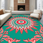 Coral Teal Sunburst Mandala Rug