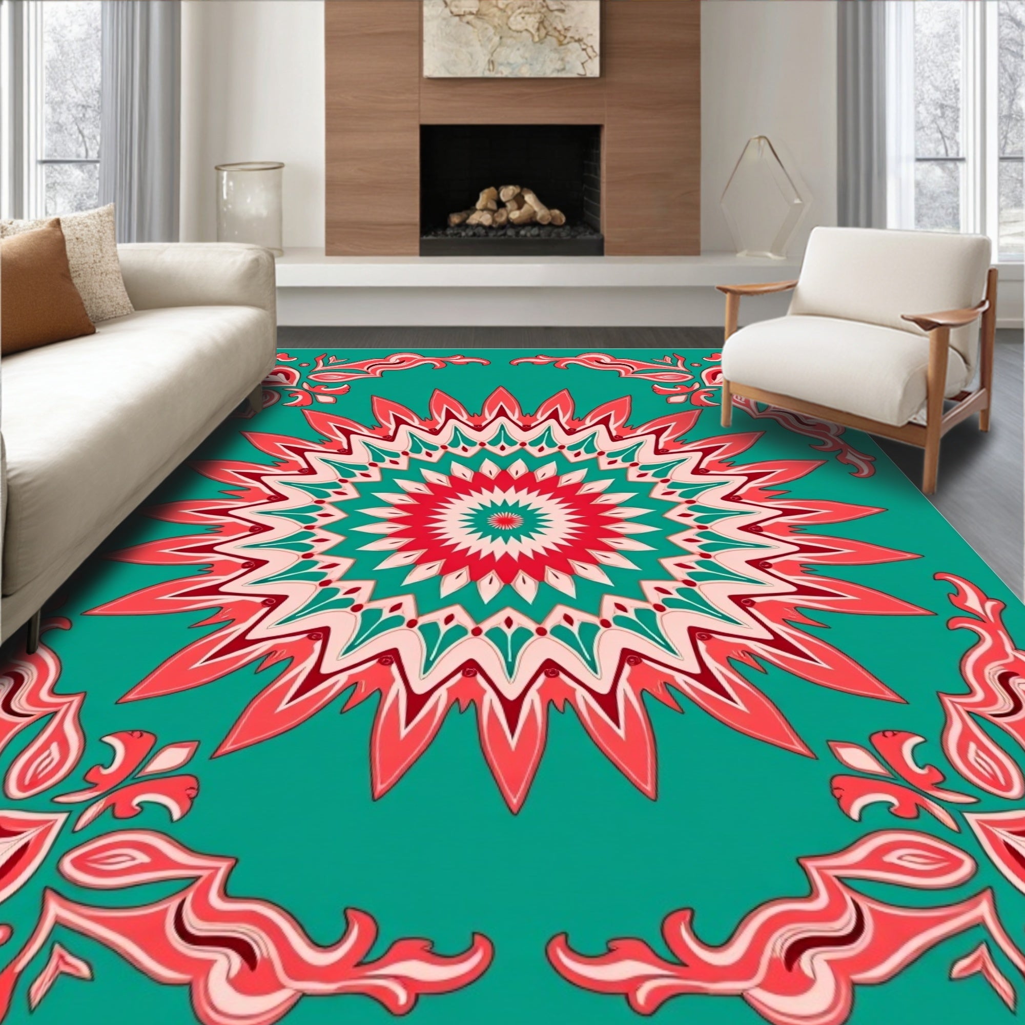 Coral Teal Sunburst Mandala Rug