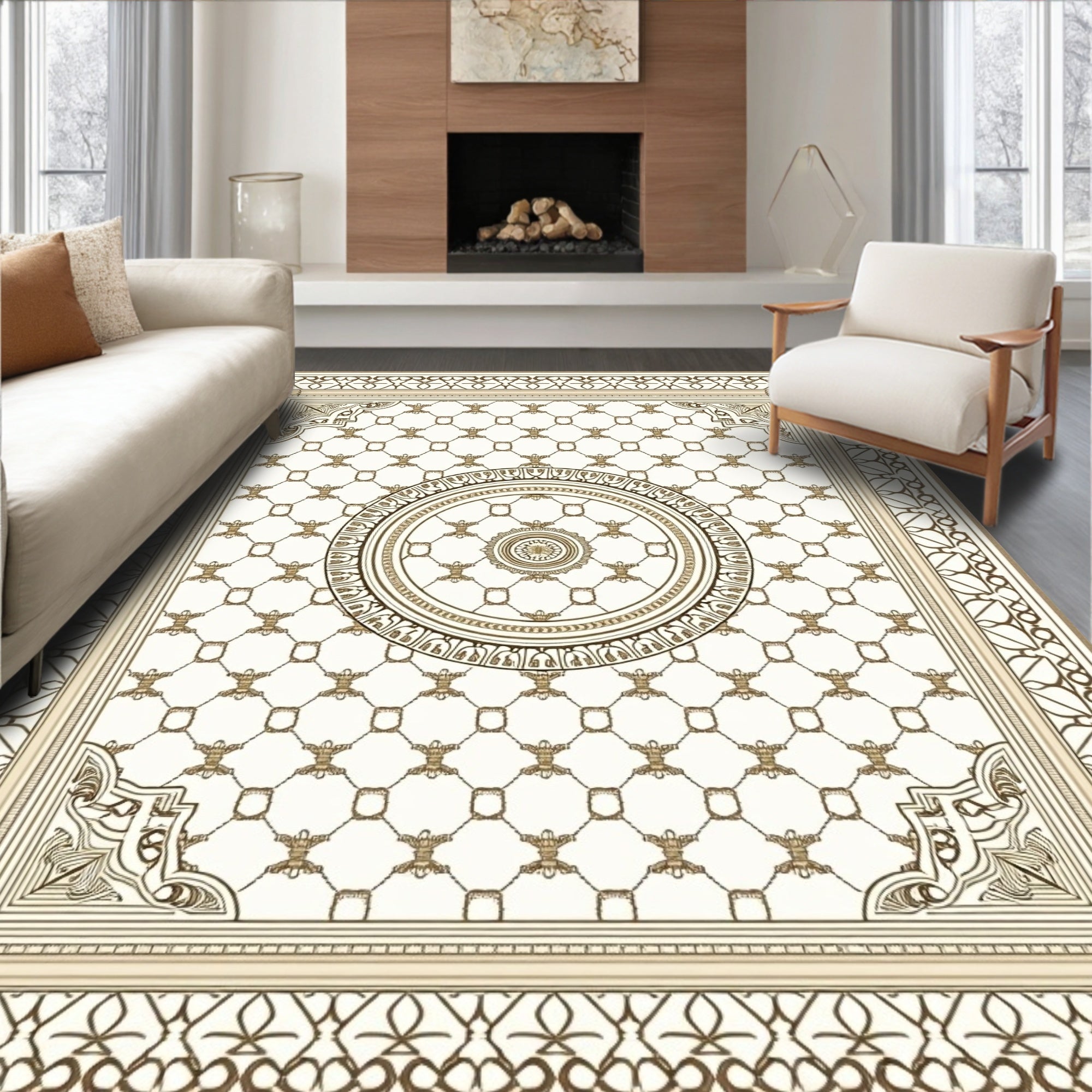 Ornate Cream Gold Medallion Arabesque Rug
