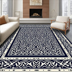 Navy Cream Intricate Scrollwork Border Rug
