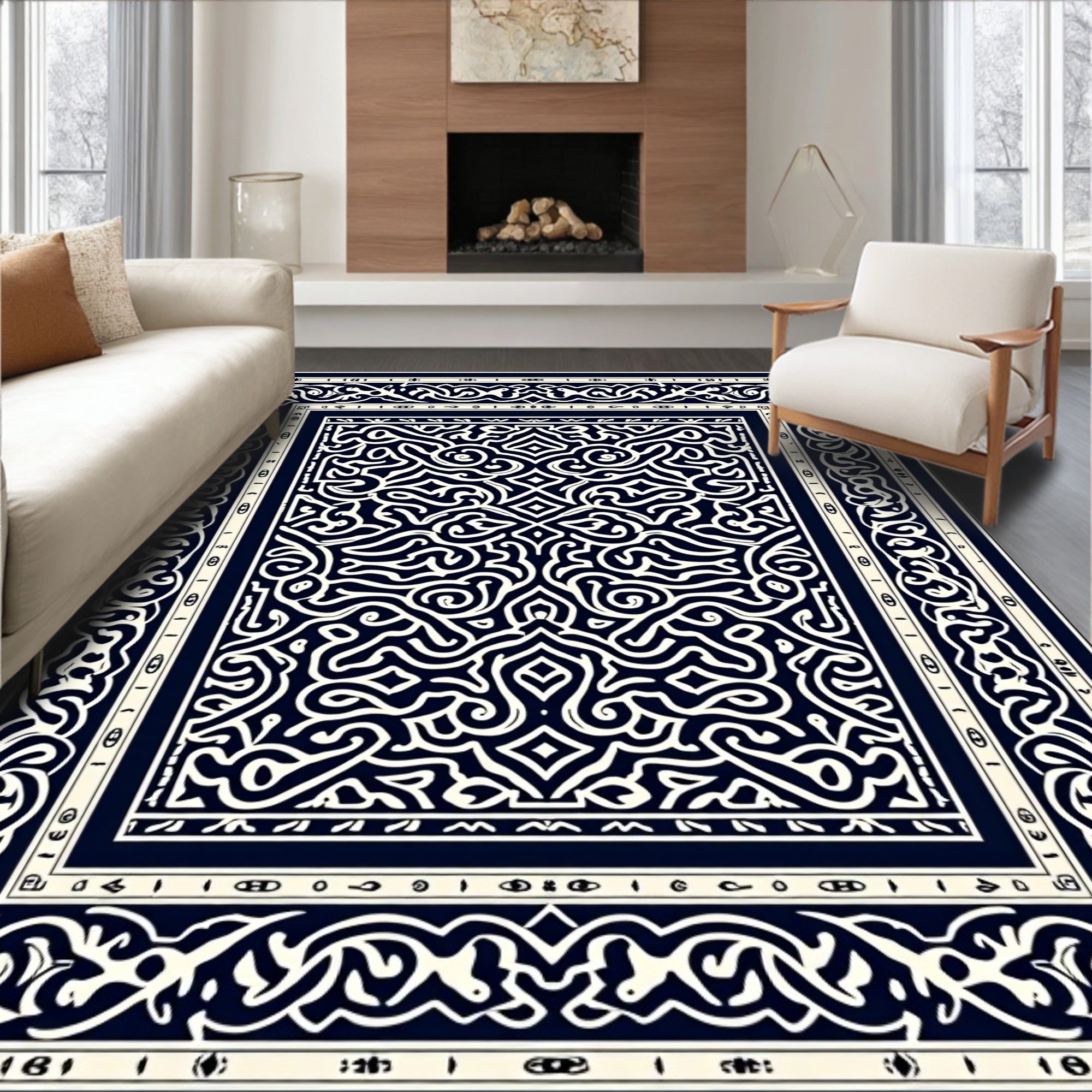 Navy Cream Intricate Scrollwork Border Rug