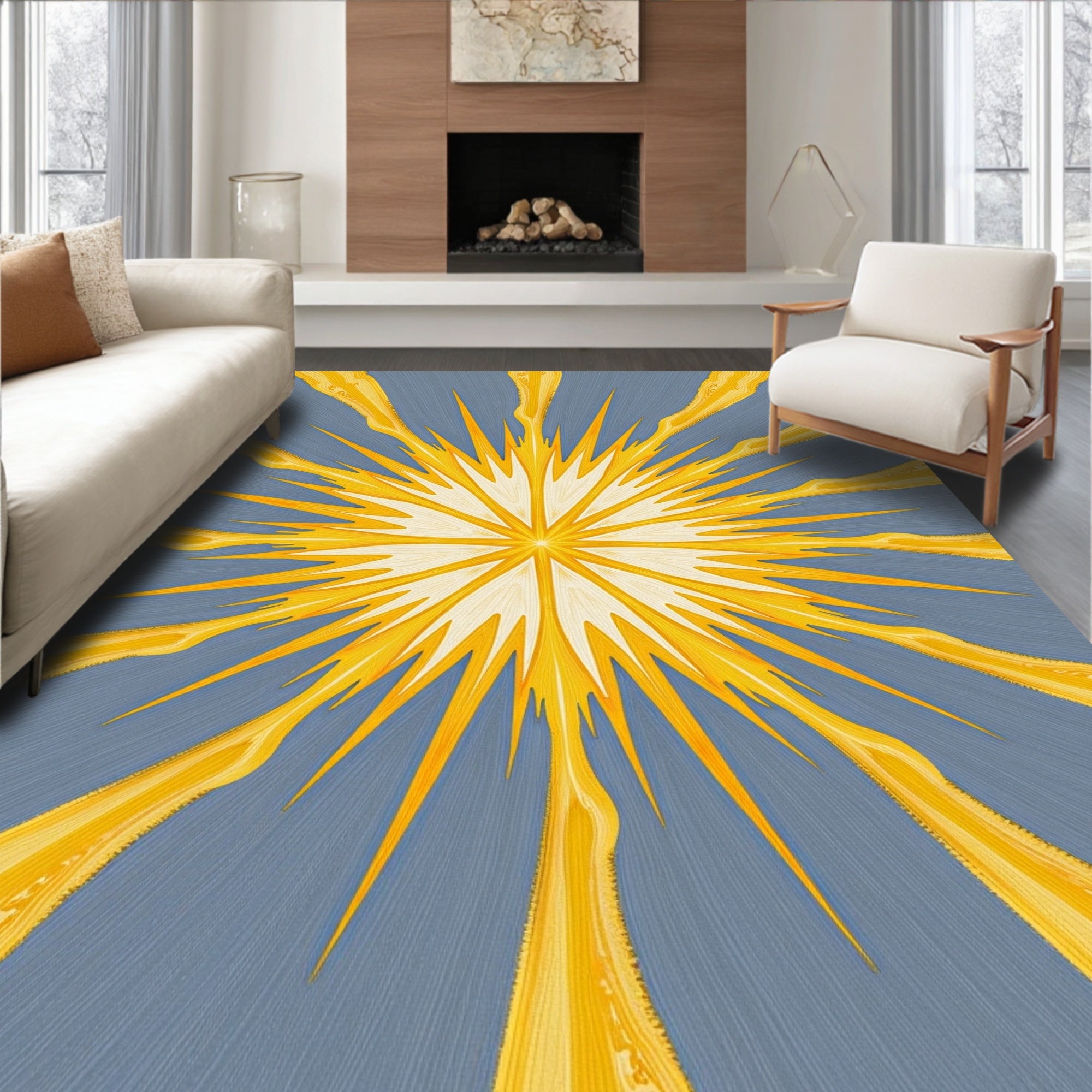 Radiant Yellow Sunburst With Blue Background Rug