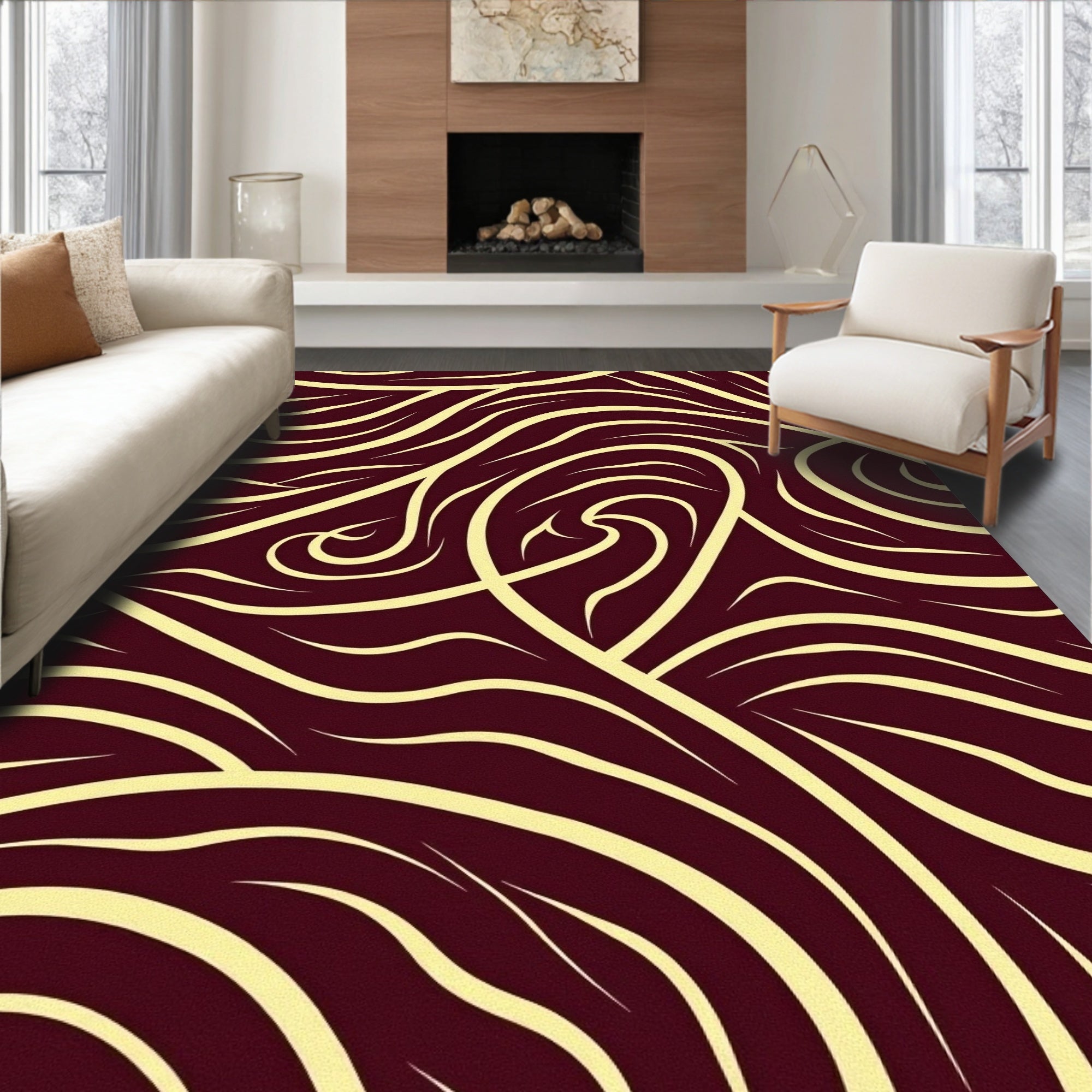 Crimson Cream Swirling Lines Rug