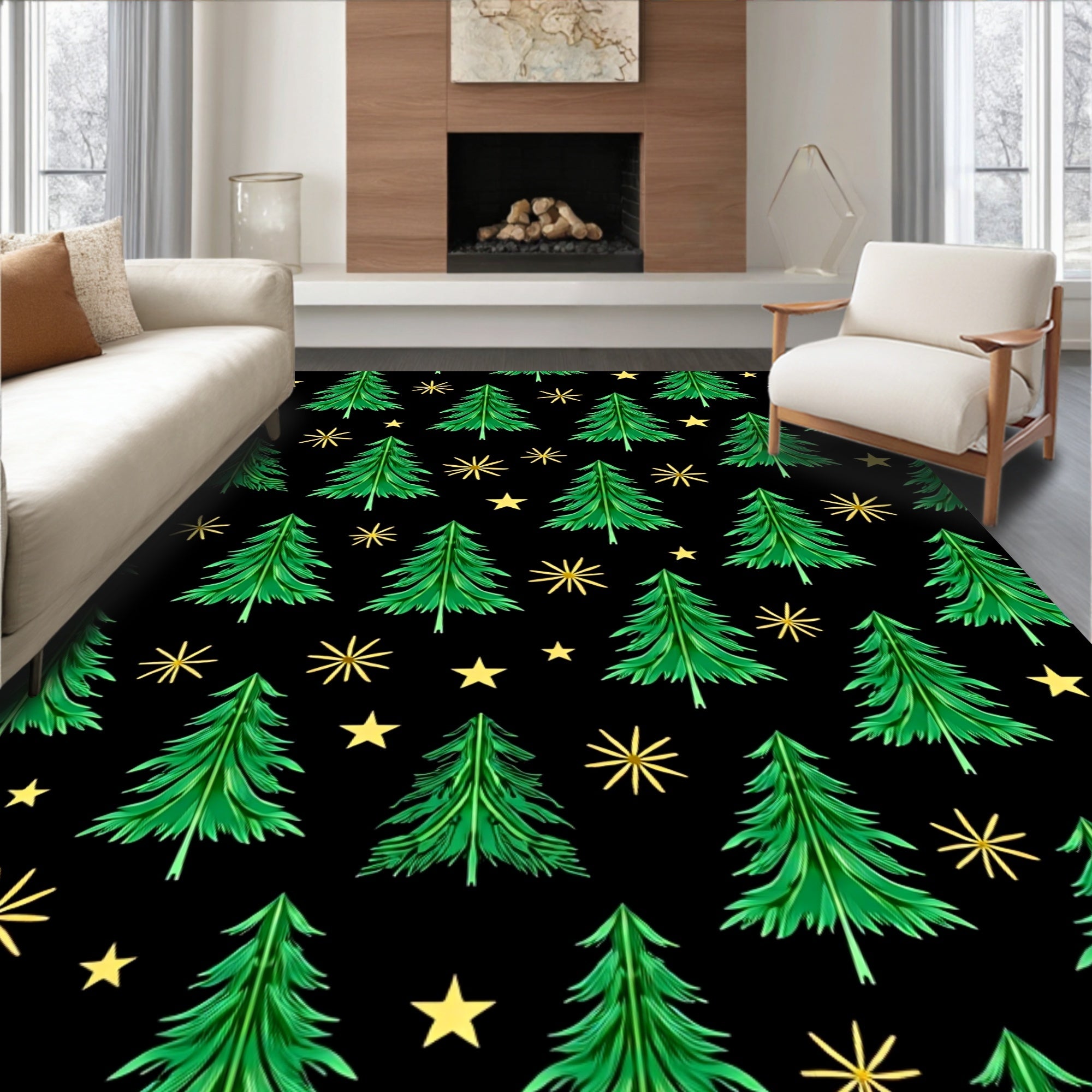 Green Christmas Trees with Gold Stars Rug