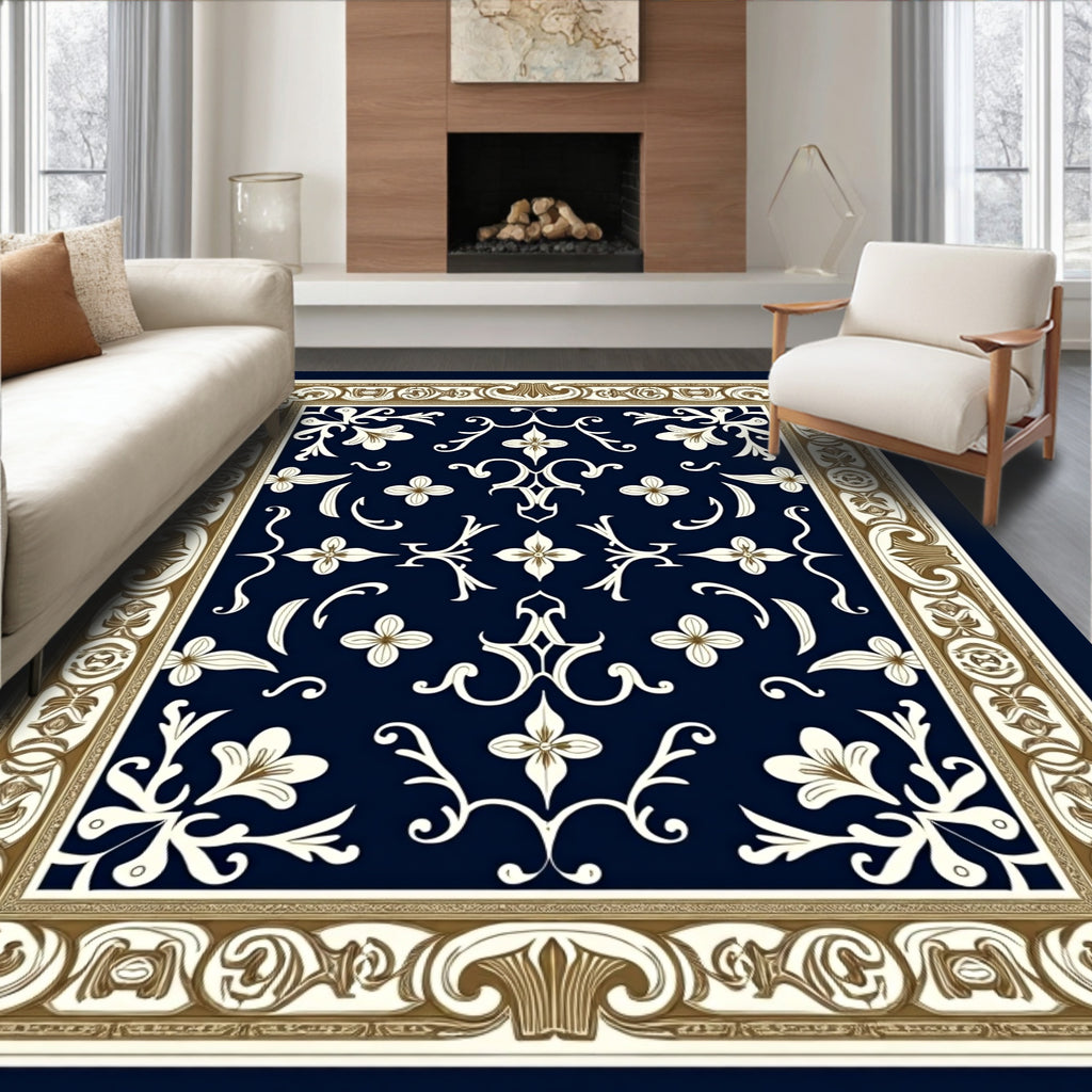 Rich Navy Floral Scroll Border Rug