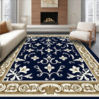 Rich Navy Floral Scroll Border Rug