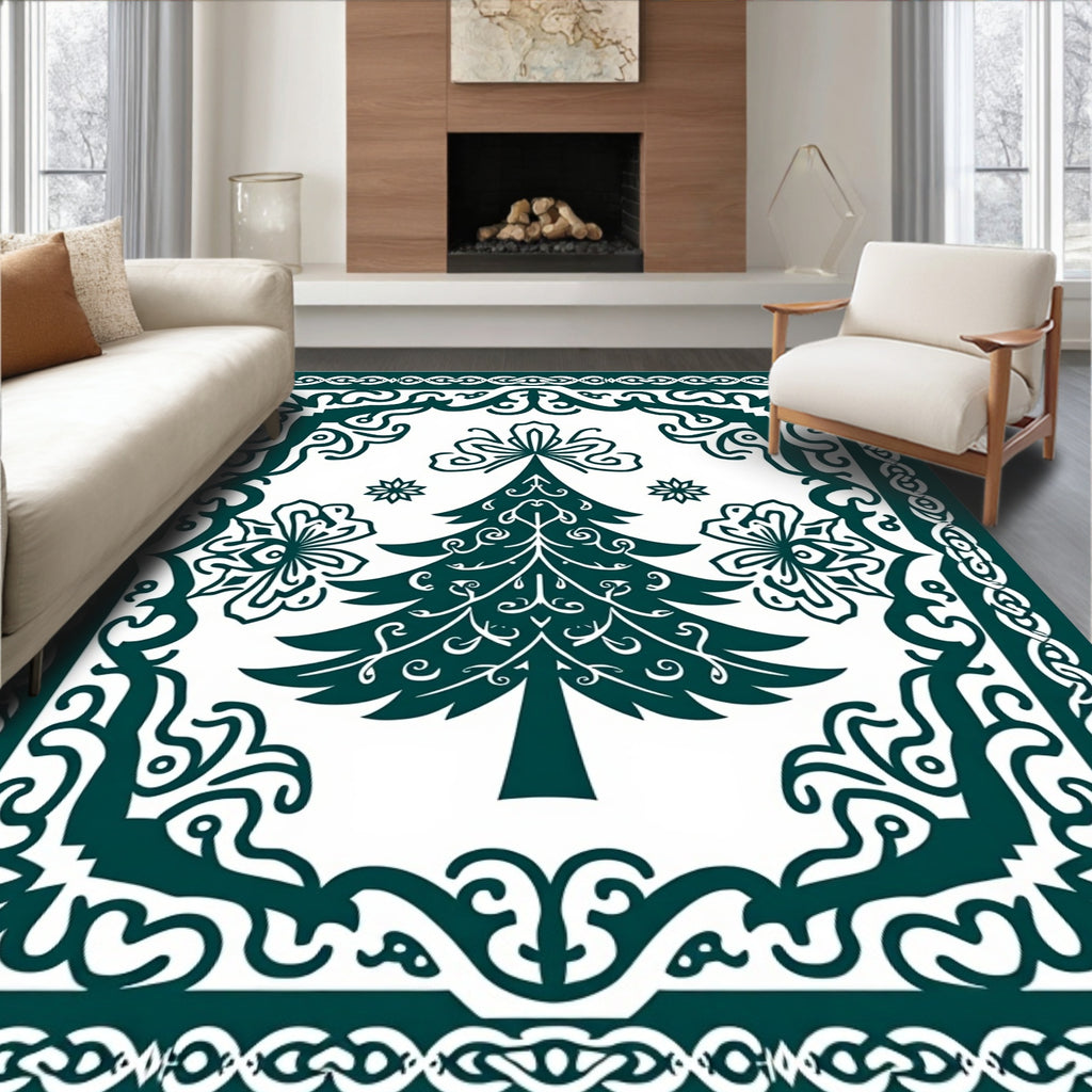 Teal Christmas Tree Ornate Frame Rug