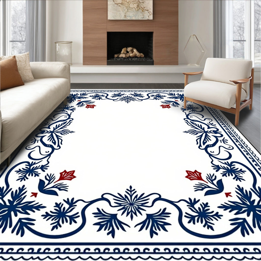 Navy Blue Red Floral Leaf Border Rug