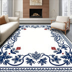 Navy Blue Red Floral Leaf Border Rug