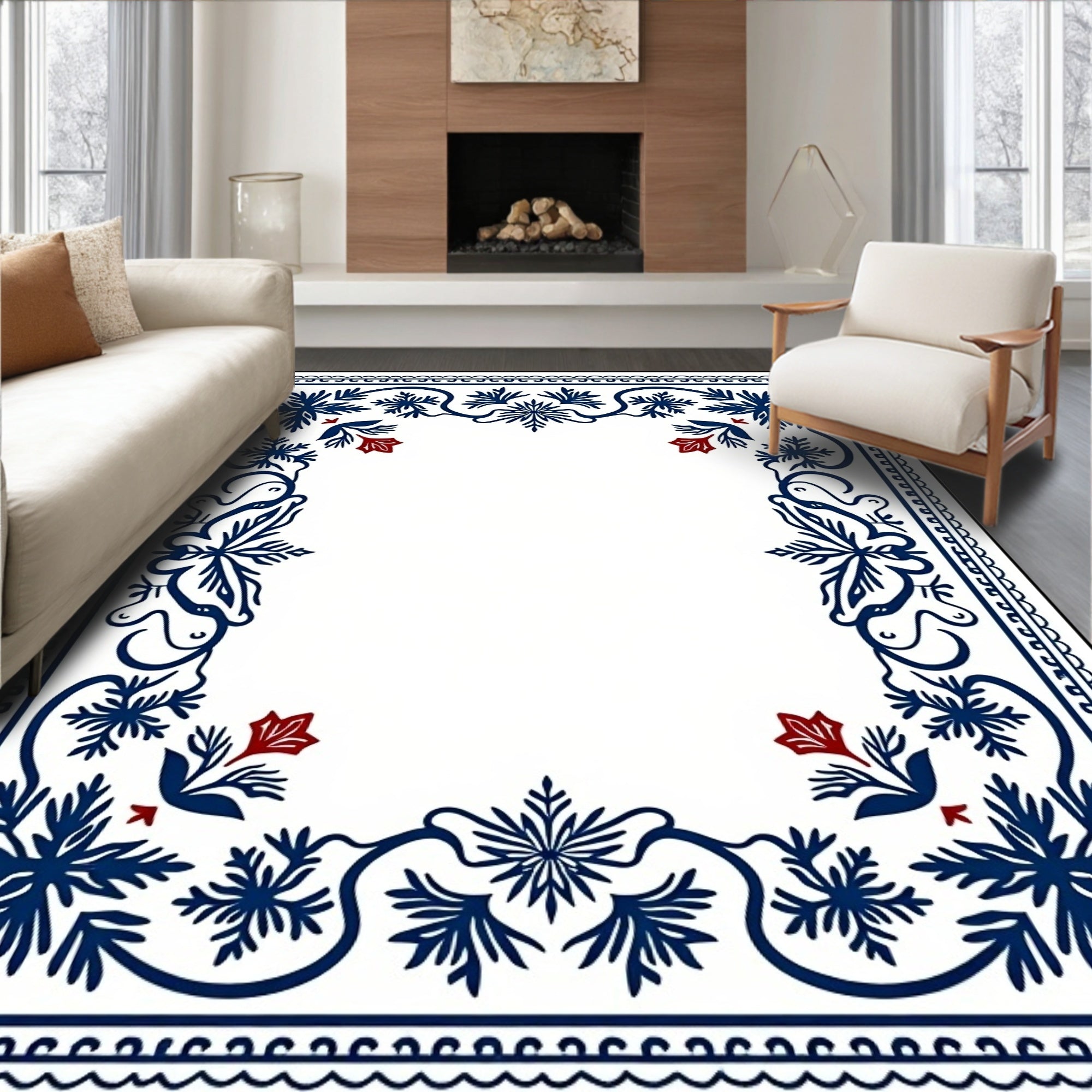 Navy Blue Red Floral Leaf Border Rug