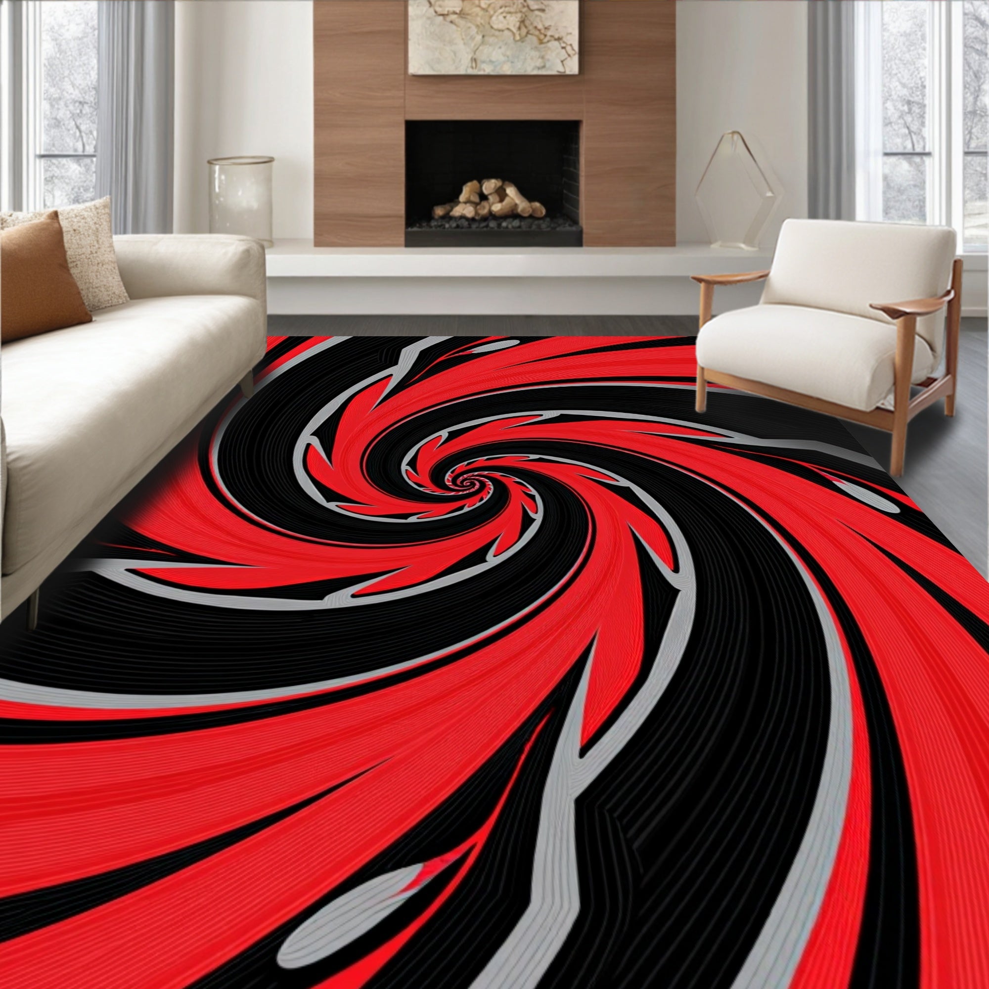Red Black Swirling Motion Rug