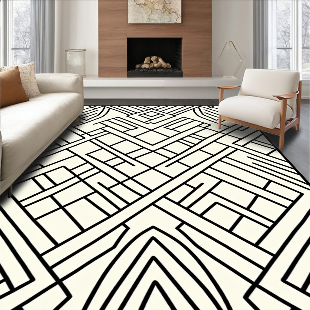 Cream Black Intersecting Geometric Lines Rug