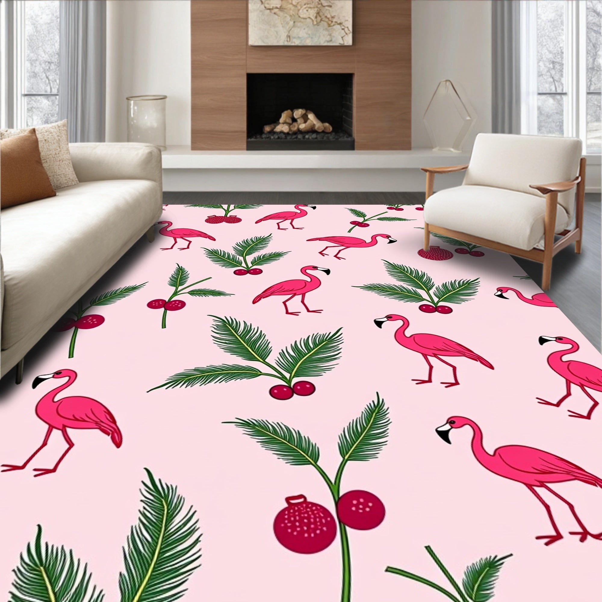Pink Flamingo With Red Berries Rug