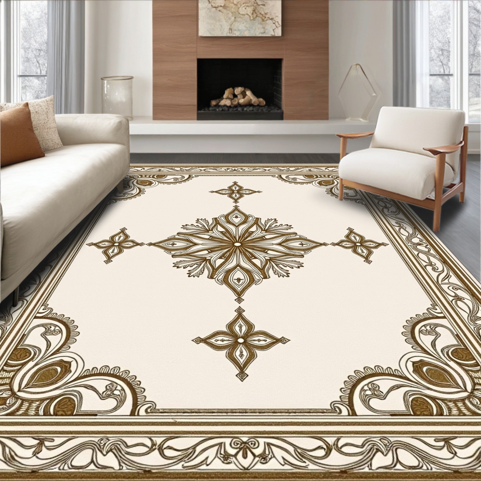 Gold Floral Medallion Border Rug