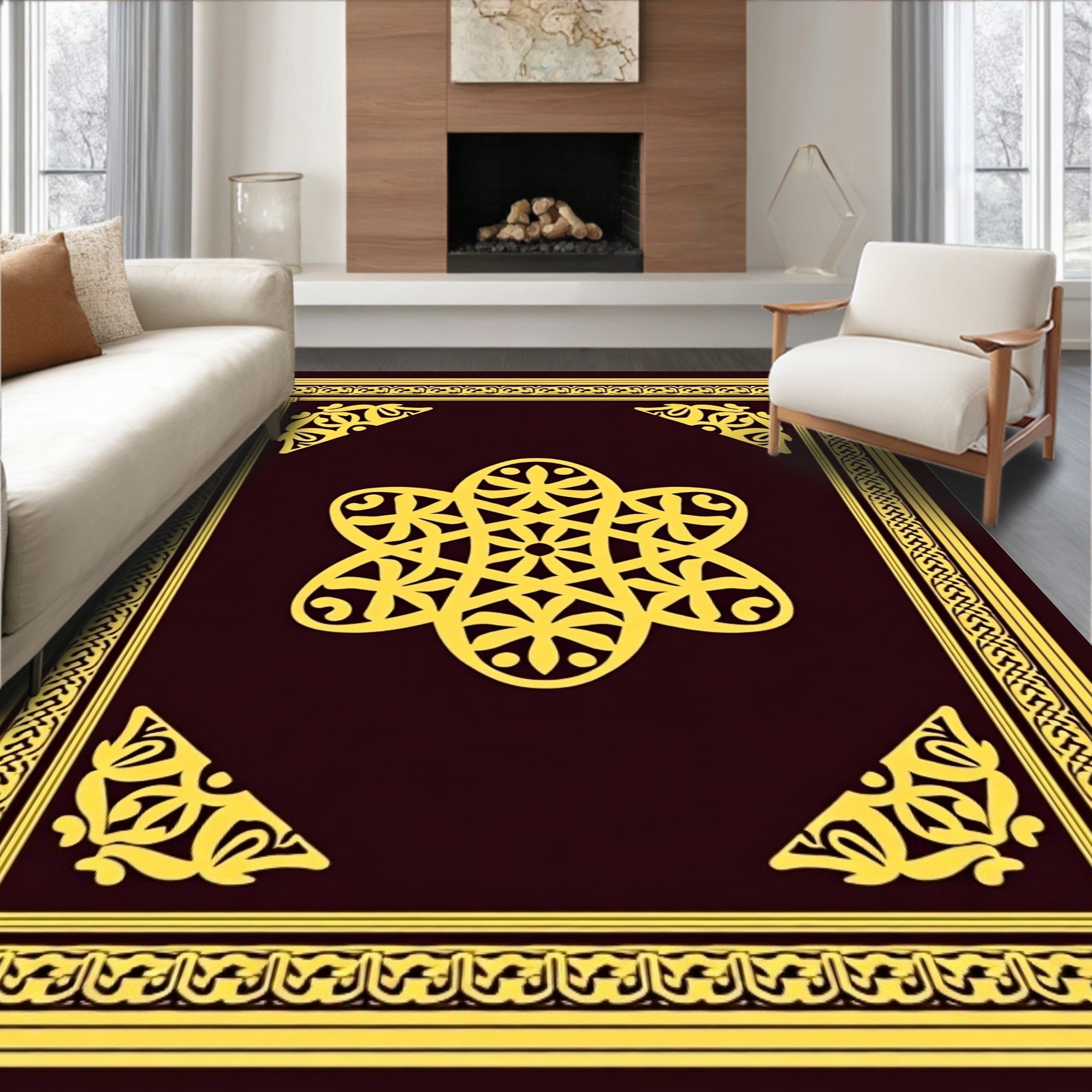 Crimson Yellow Floral Medallion Border Rug