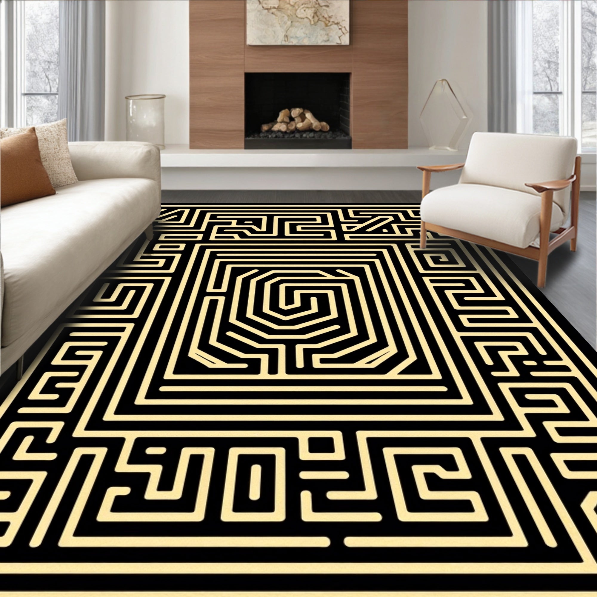 Golden Maze Black Square Rug