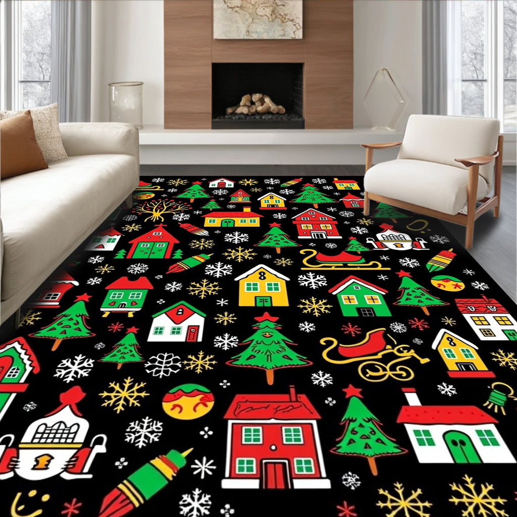 Festive Red Green Yellow Christmas Village Rug