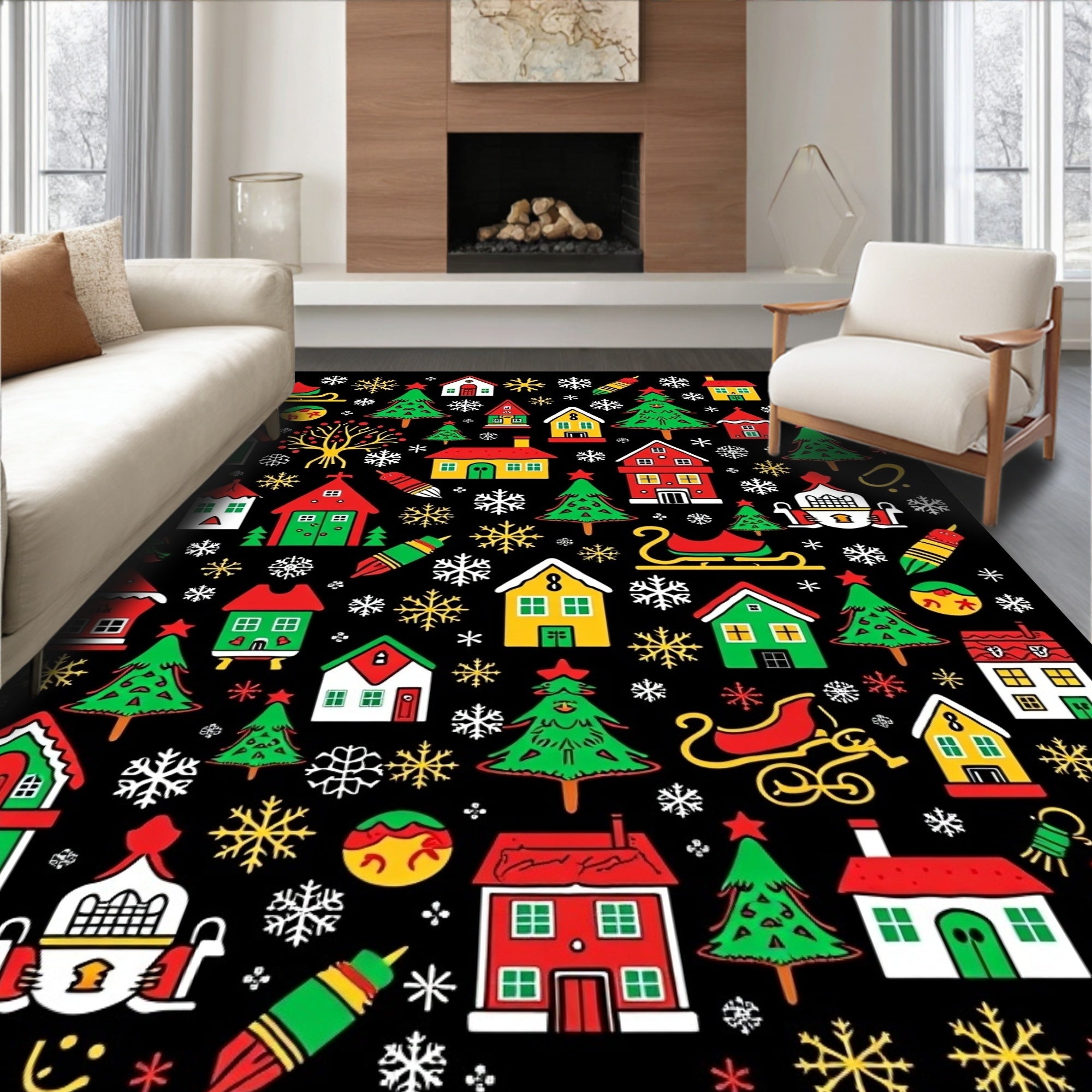 Festive Red Green Yellow Christmas Village Rug