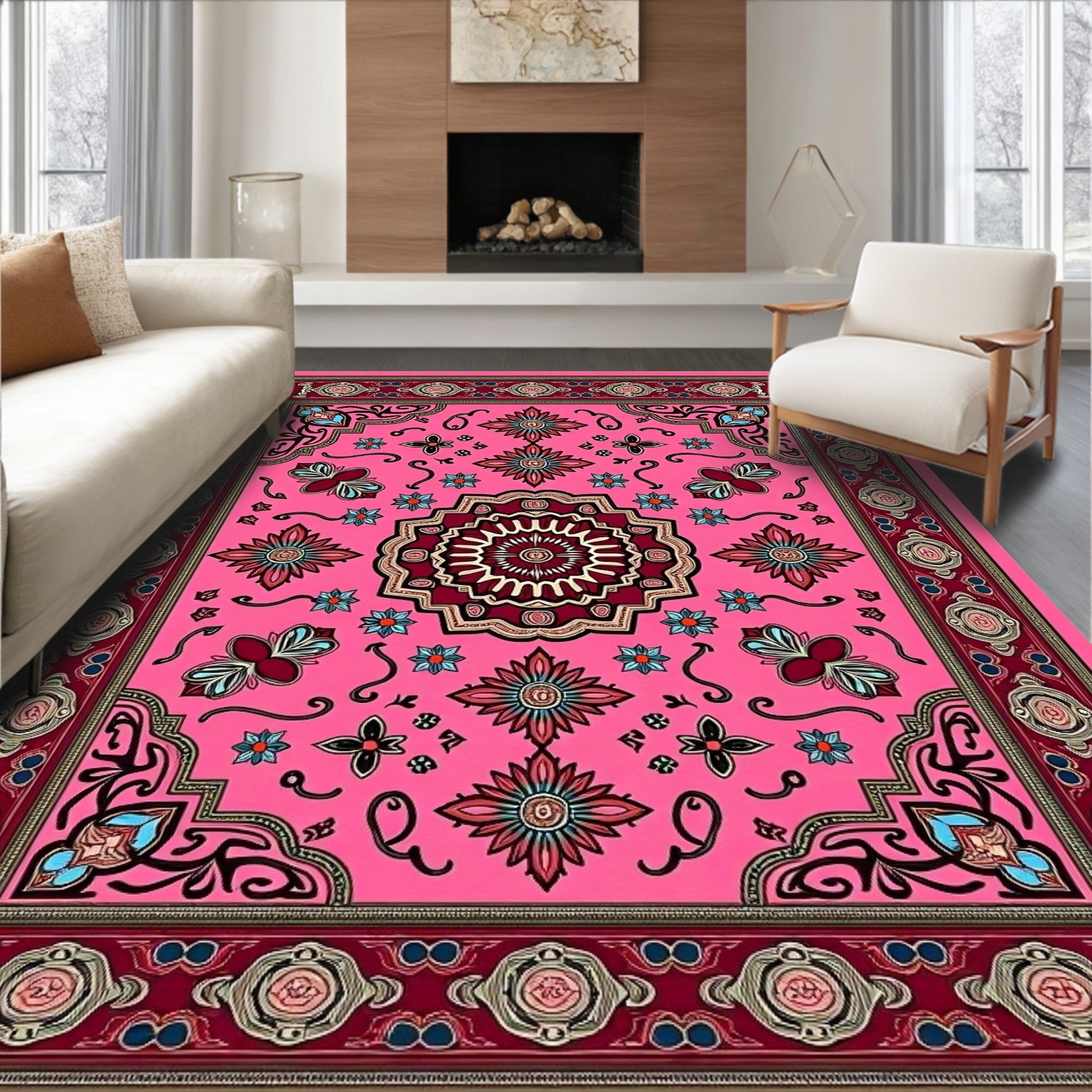 Vibrant Pink Floral Medallion Border Rug