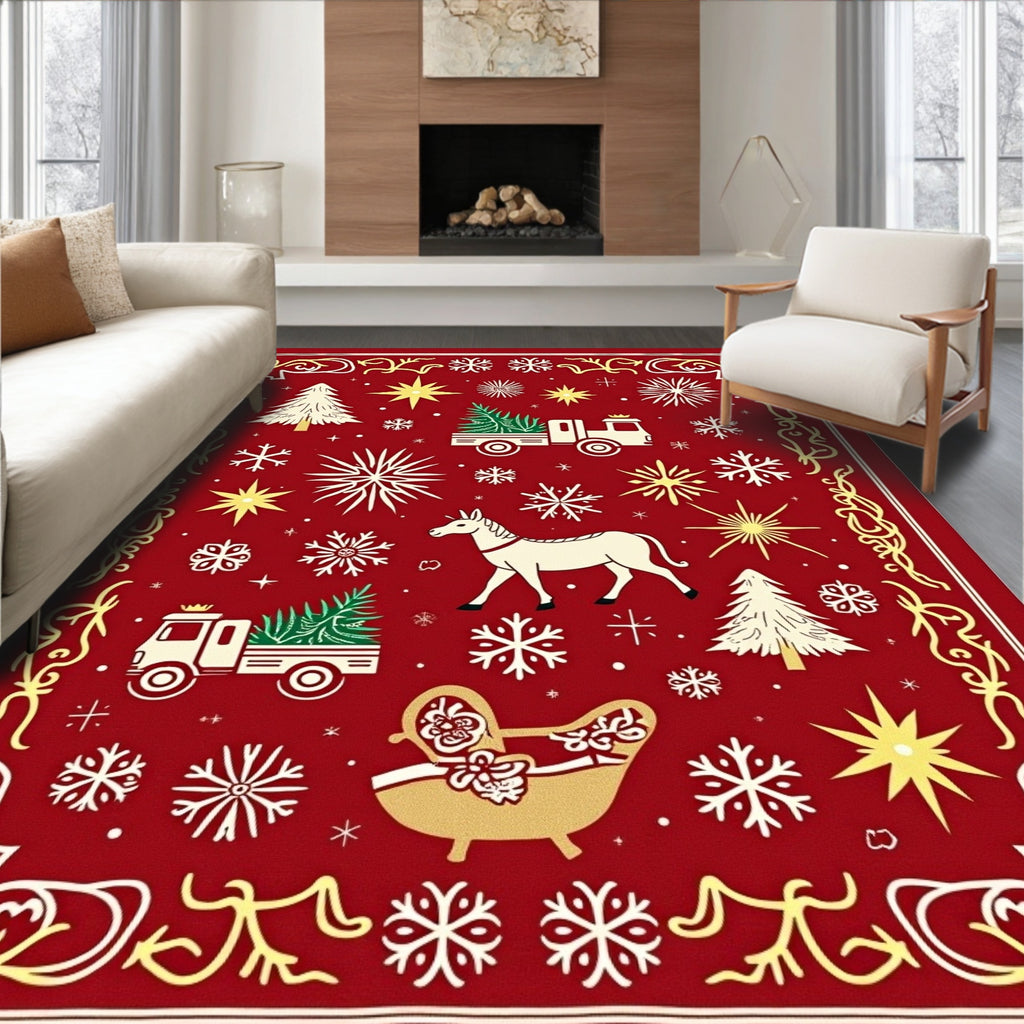 Merry Christmas Red Snowflake Holiday Rug