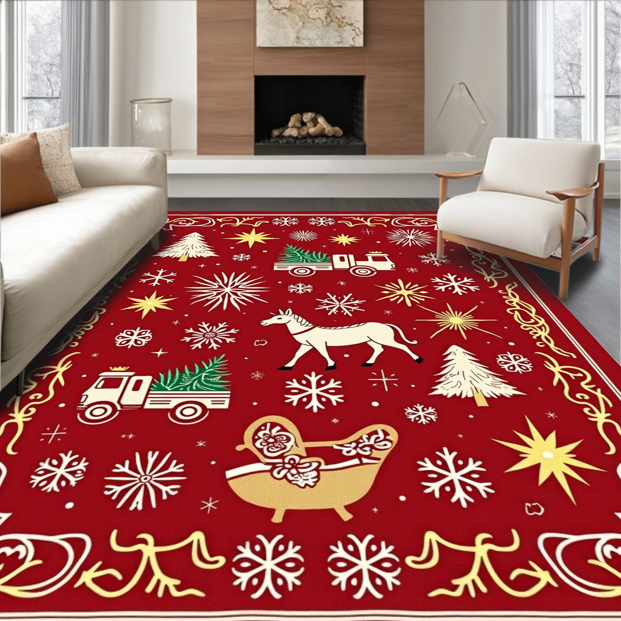 Merry Christmas Red Snowflake Holiday Rug