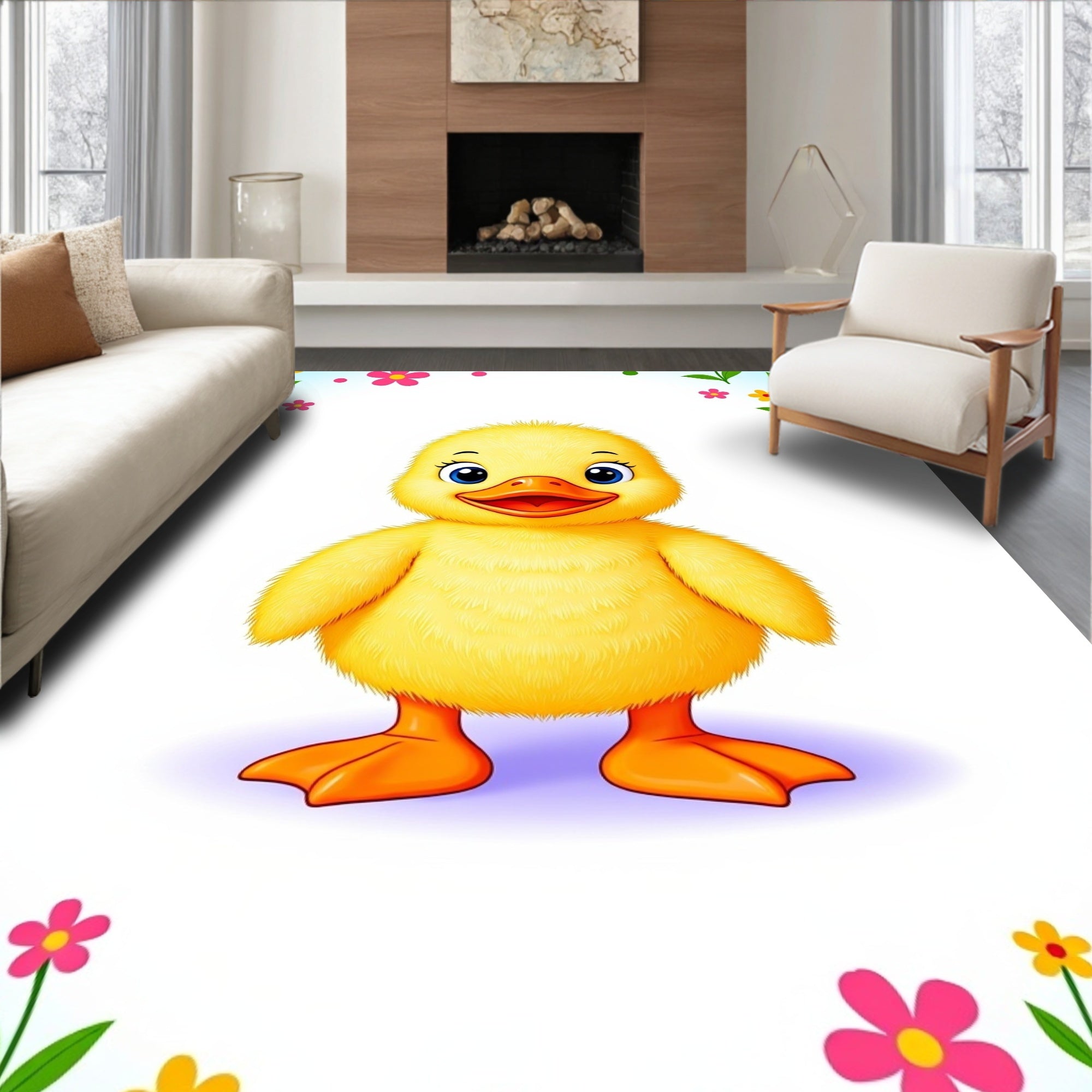 Cute Yellow Duckling Flower Garden Rug