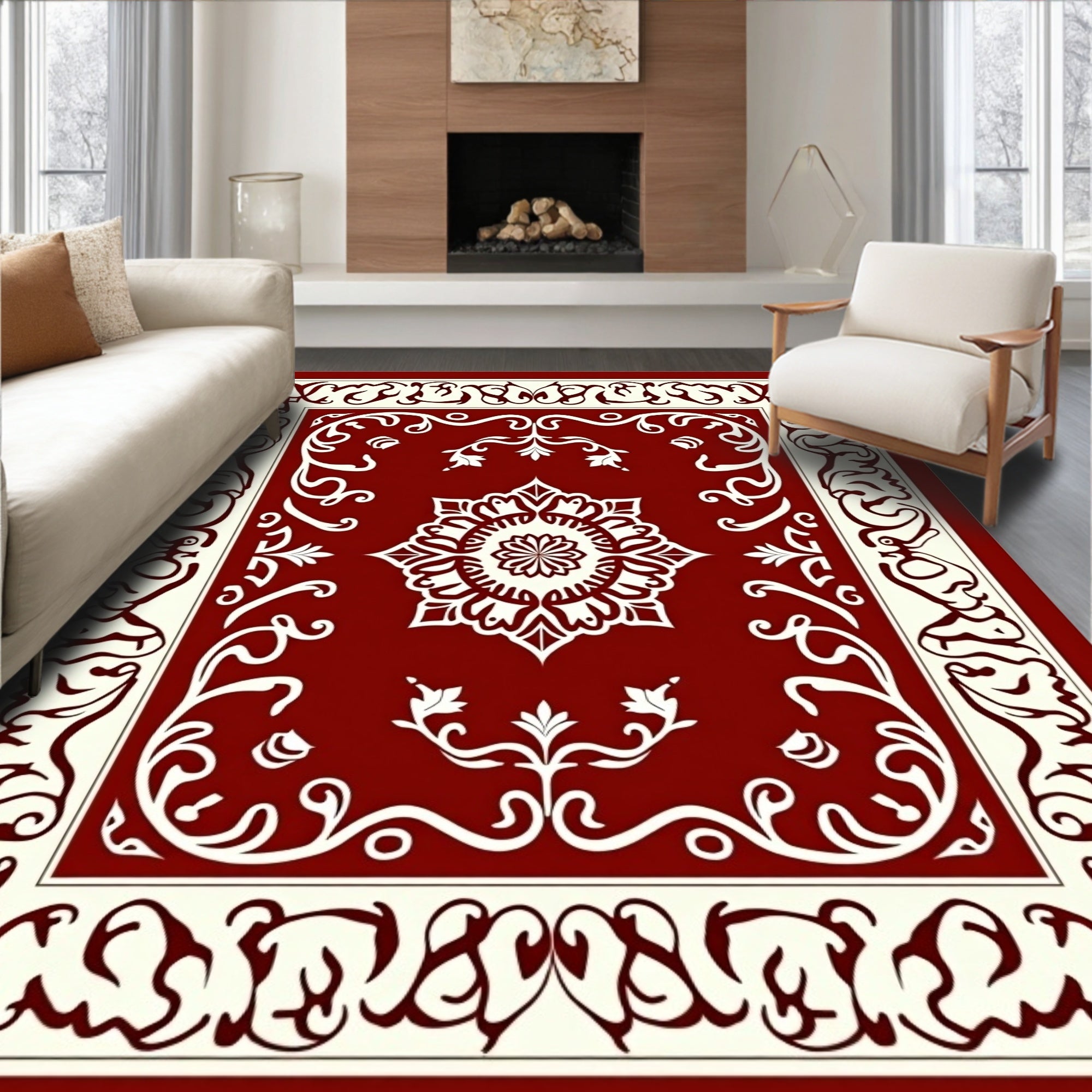 Crimson Cream Ornate Scrollwork Medallion Rug
