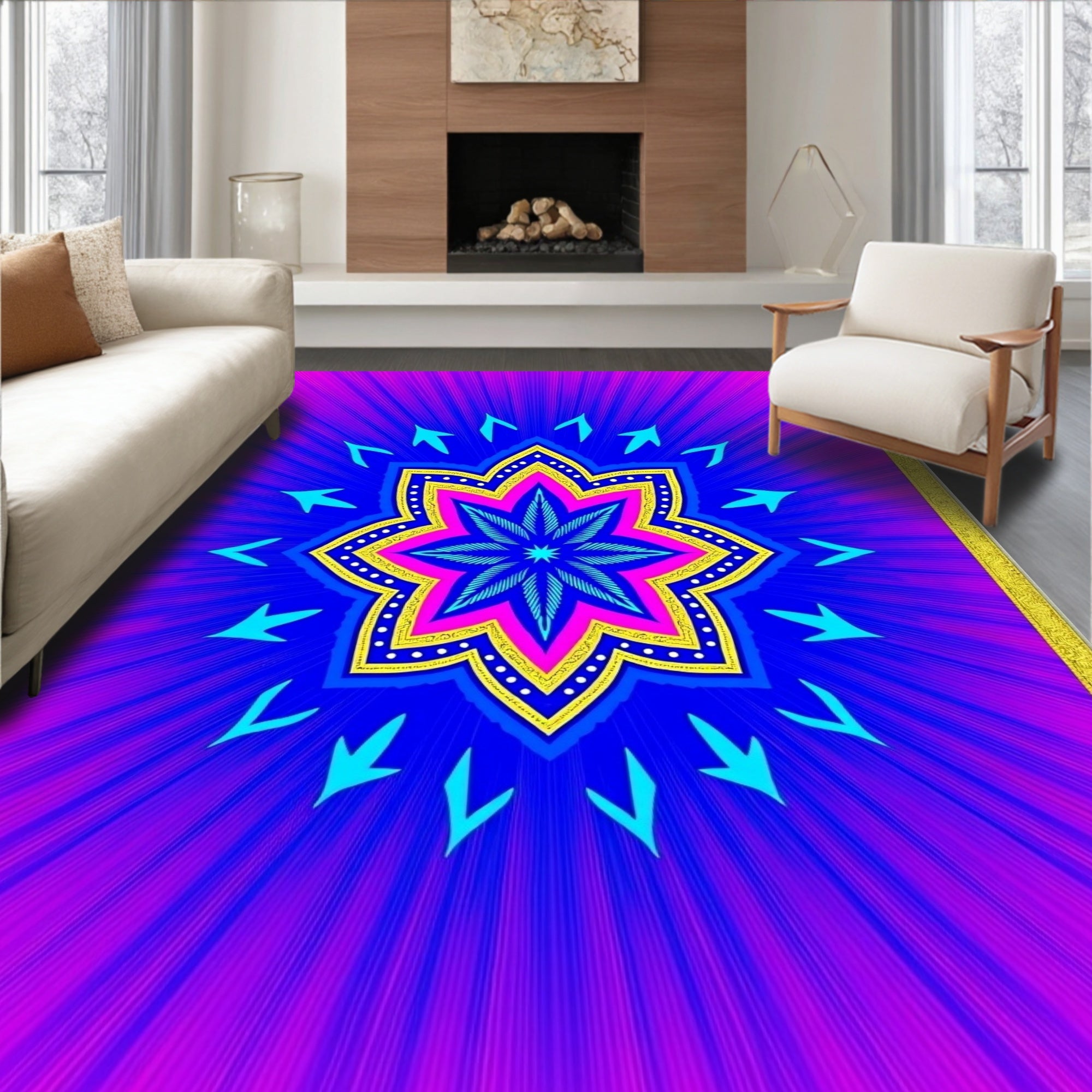 Vibrant Magenta Starburst Mandala Rug