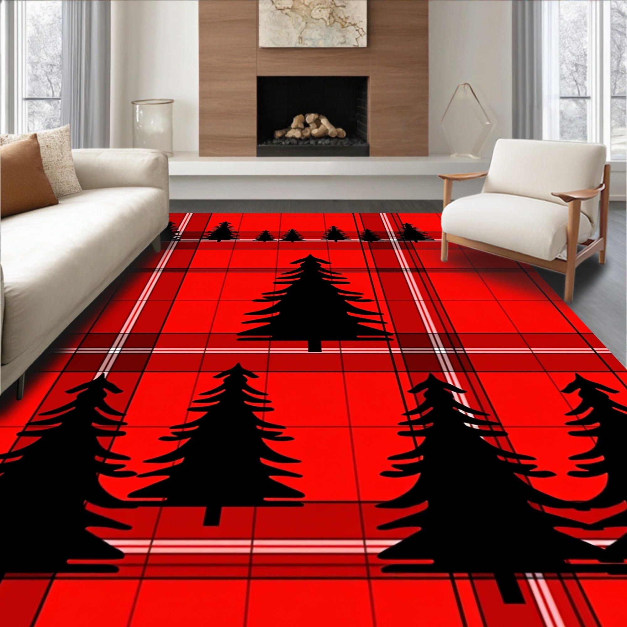 Classic Red Plaid Fir Trees Rug