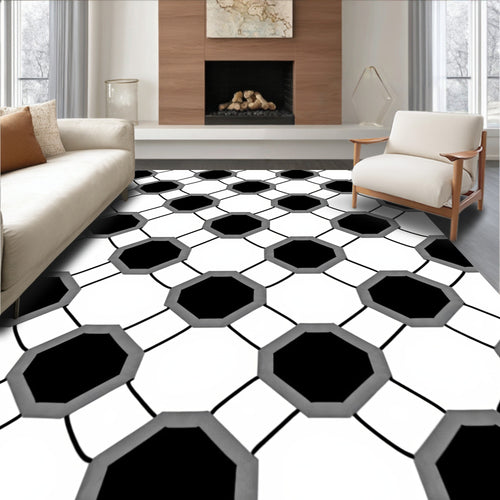 Black Gray Octagon Grid Rug