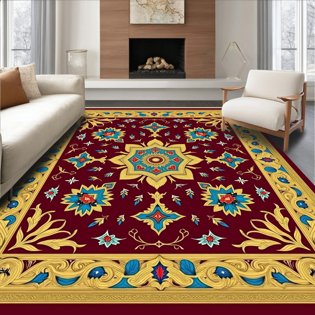 Crimson Gold Blue Floral Medallion Rug