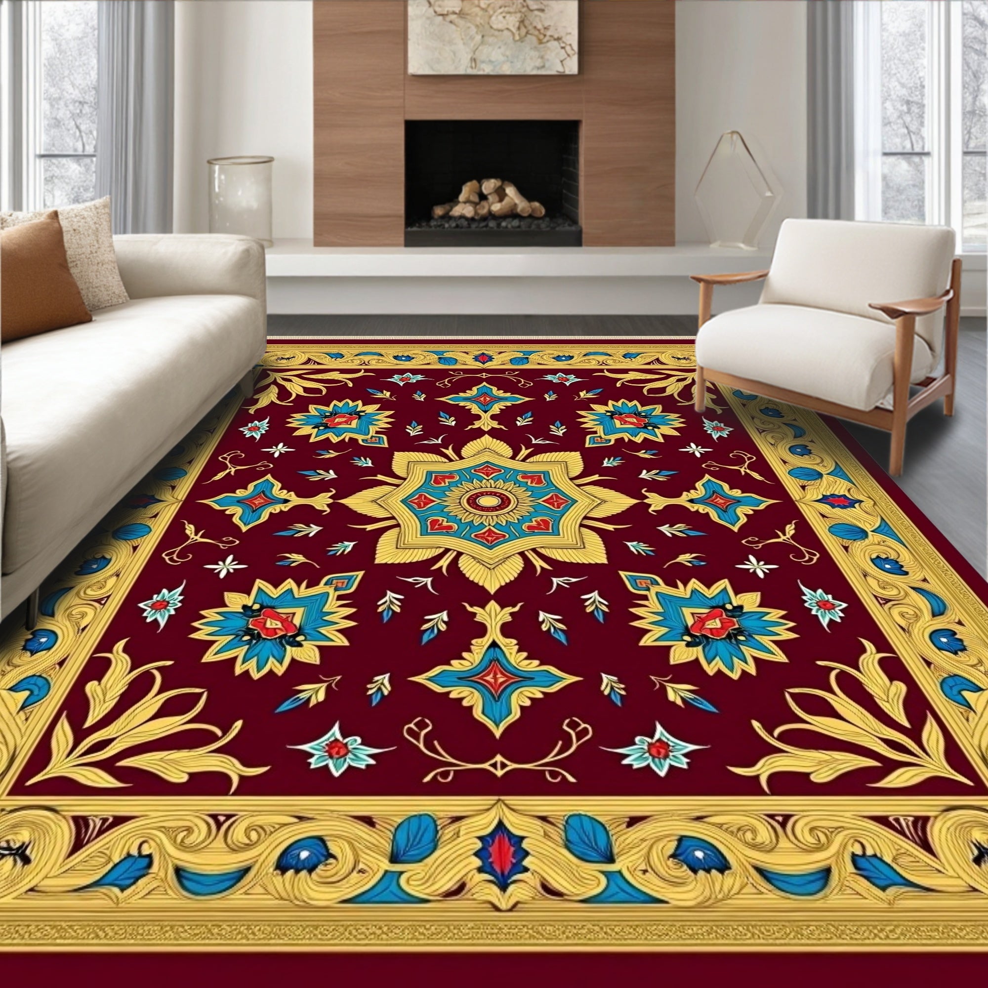 Crimson Gold Blue Floral Medallion Rug