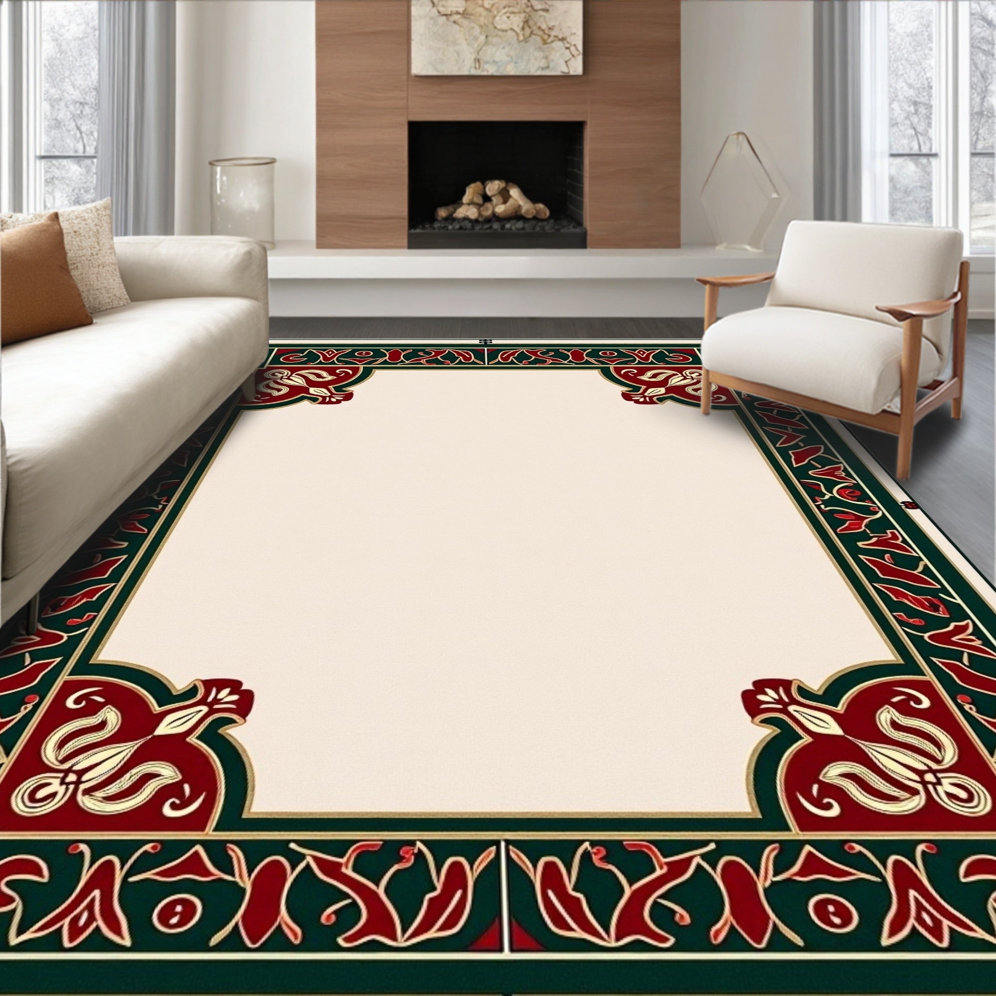 Crimson Green Gold Floral Border Rug