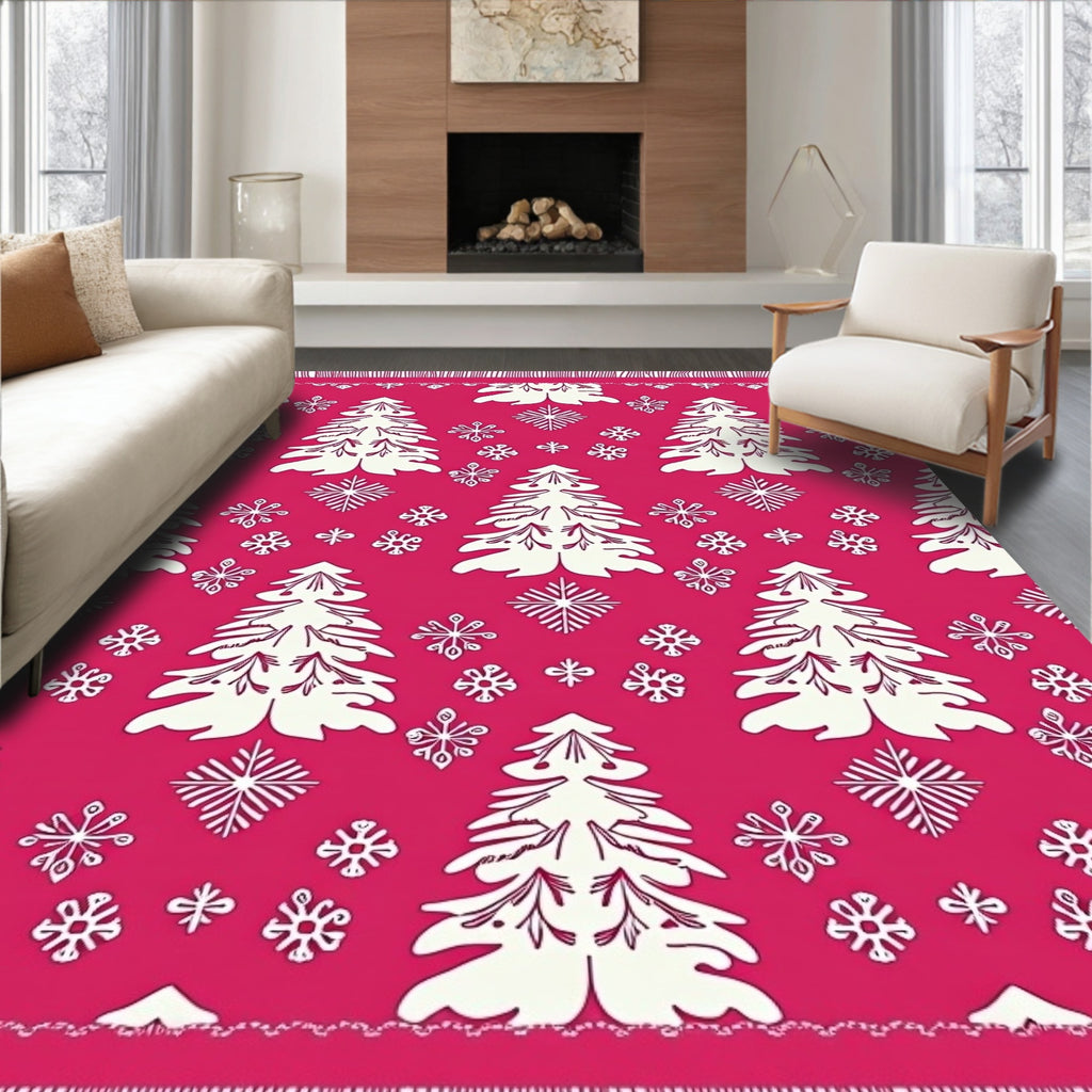 White Pine Trees and Snowflakes on Pink Rug